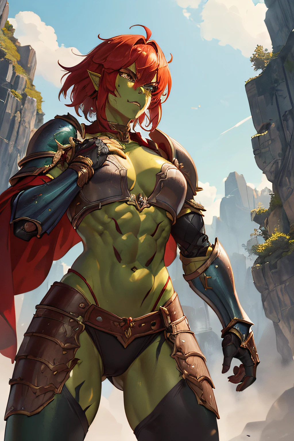 (1  muscular beauty female,half orc, humanoid,green skin, messy red hair,scar:1.2), fantasy world, medieval, cave, mining operation, fortifications, (gorgeous steel armor, threatening armor, chest plate, gauntlets:1.2), red cape,dynamic fighting pose,dynamic angle,cameltoe,from below,angry