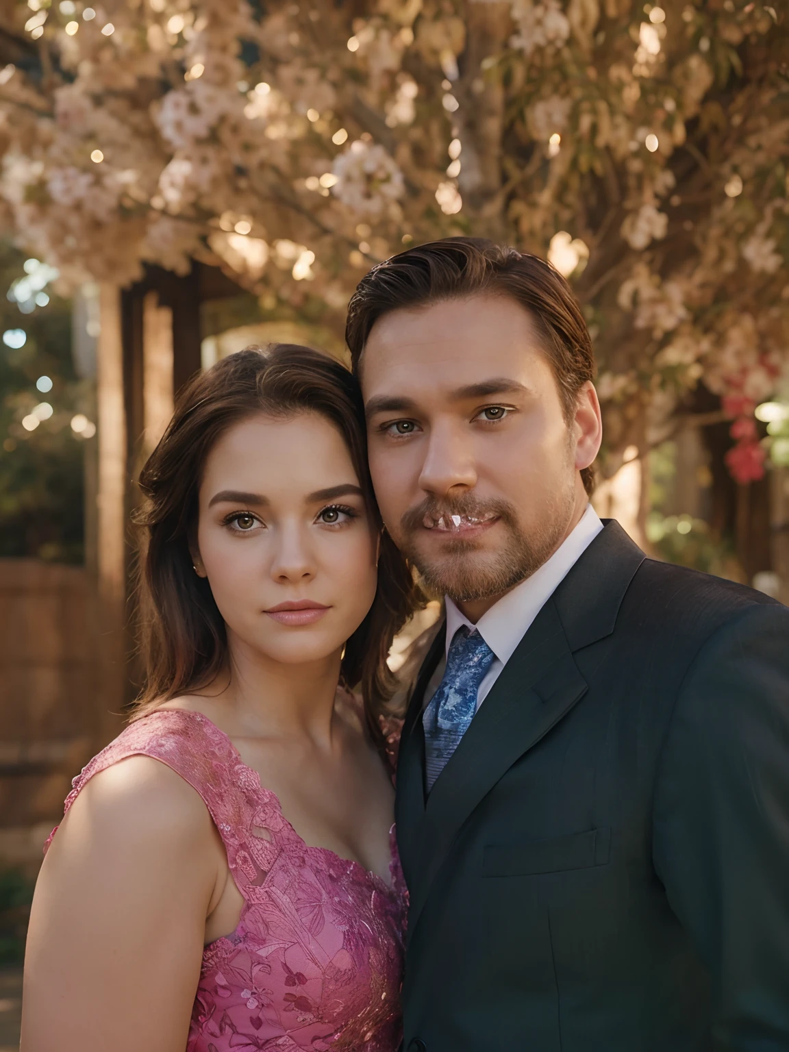 Pixar style movie poster Couple in a beautiful setting with a tree in the background. She with a pink dress, loose brown hair and beautiful makeup. He's wearing a suit, blue tie, thin beard.