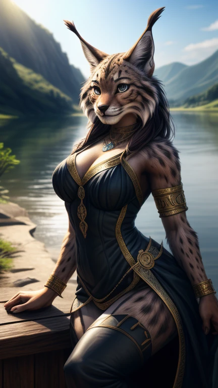 (woman face)Beautiful detail eyes, (Pa)Beautiful detailed lips, (a woman with)extremely detailed eye and face, long eyelashes, (The woman) With a seductive fitness body, (A) gray fur, (with) lynx ears, (Em) Attractive position, (Em) River Pier, (Wearing) Fantasy clothes, (Character) Fishing. (Best Quality,4K,8K,hight resolution,masutepiece:1.2), Ultra-detailed, (Realistic,Photorealistic,Photorealsitic:1.37), nffsw, nffsw, Sunlight, Ultra-fine painting, physically-based renderingt, extreme detail description, Professional, Vivid colors, Bokeh, (Em) full-length portrait, landscape, Photo Graphics, Concept Artist (Style of), (with  the) Vibrant color palette, (Pa) softlighting.