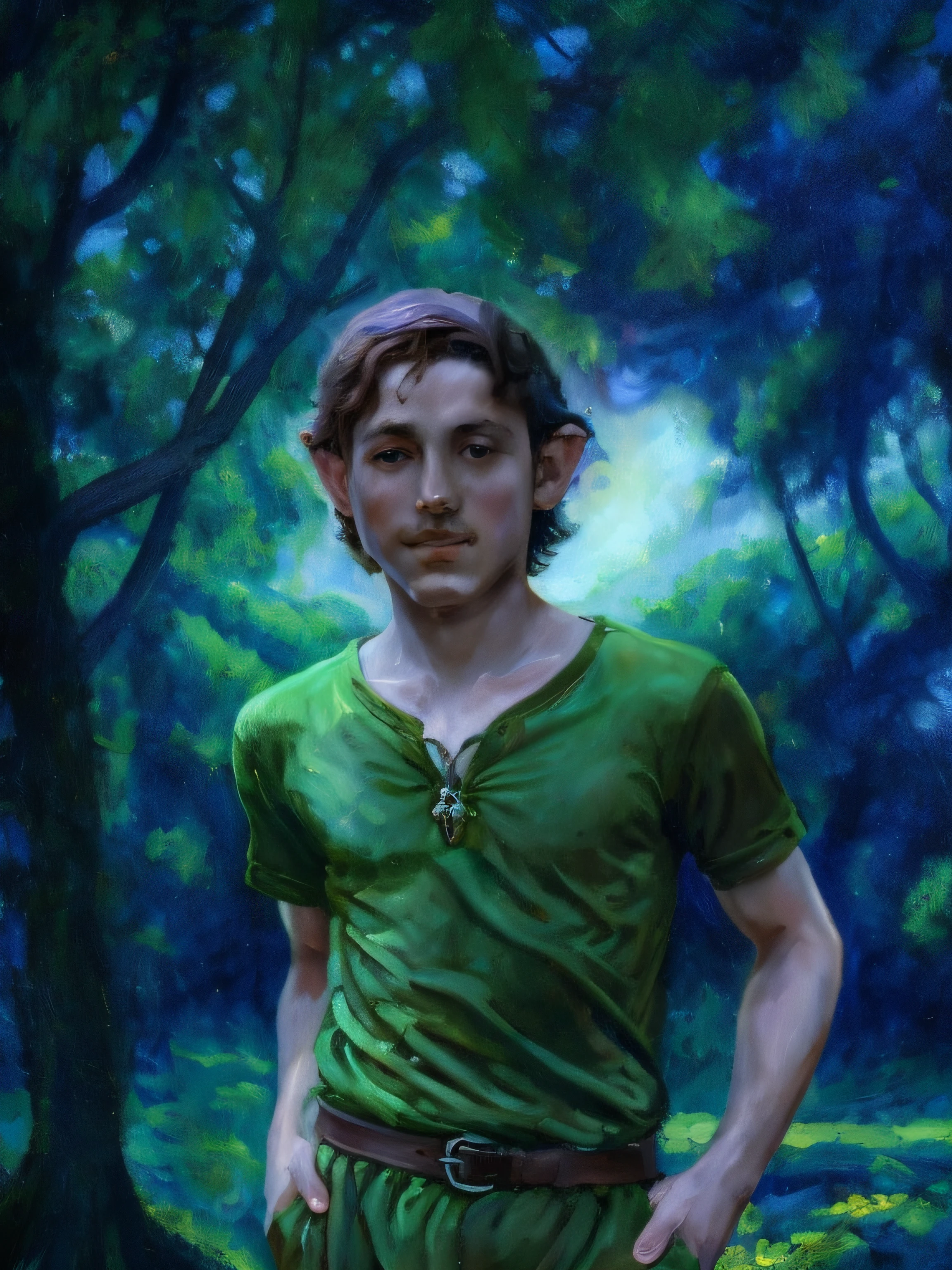 Impressionist painting of an -yeld bon a green shirt standing in a forest, Retrato de um jovem mago elfo, elfo masculino bonito, portrait of a slender elven man, Um retrato de um elfo masculino, Rio Masculino, um elfo macho, Tom Holland como Peter Pan, Faeornran, jovem mago meio elfo, Pedro Pan, Um retrato de um elfo, by Pierre Auguste Renoir