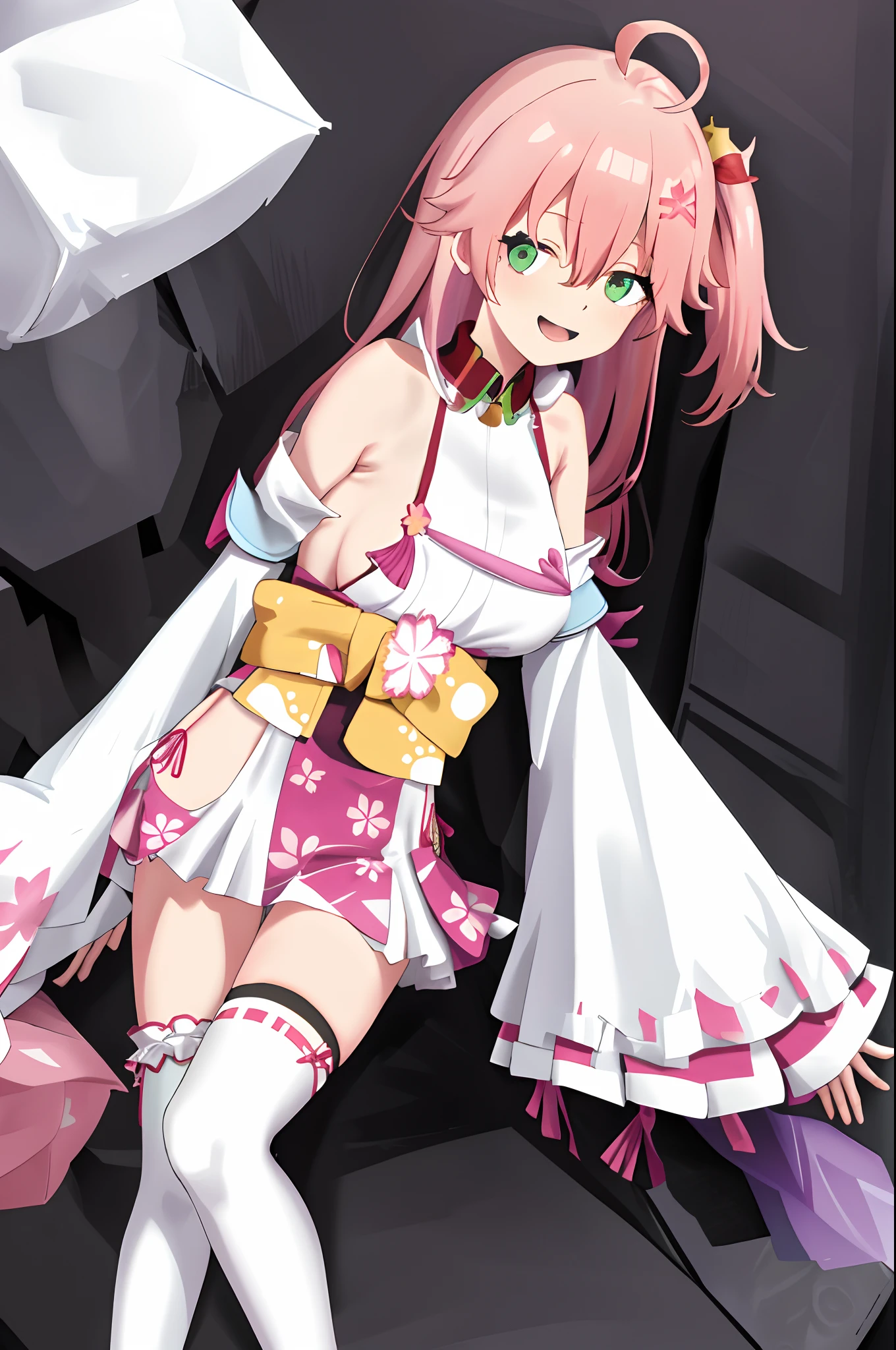 masterpiece, best quality, highres, miko1, sakura_miko, 1girl, big_boobs, solo, ahoge, x_hair_ornament, pink_hair, floral print, hairclip,(side_less_clothes:1.5), (side_boobs:1.5), hair_bell, floral print, long_hair, hair between eyes, one side up, white thighhighs, asymmetrical legwear, wide sleeves, open_mouth,(happy:1.3),green_eyes,big_smile,(raise_leg:1.3),plump,apart_legs,(overly_long_sleeves:1.3),),sleeves_past_wrists,hands_hidden_sleeves,sidelock_clothes,solo,hidden_wrists,(XD:1.5),covered_nipples,plump,sunlight,(bare_flank:1.3)