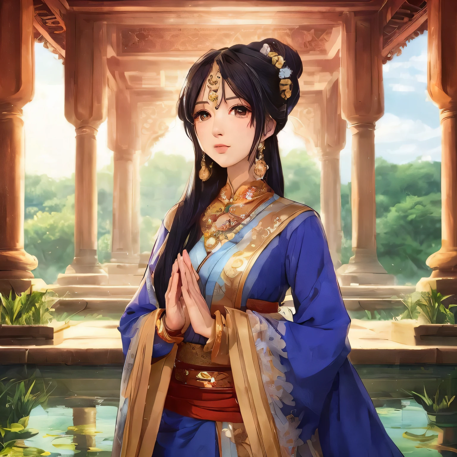 a woman in a blue dress standing in front of a fountain, palace , a girl in hanfu, a beautiful fantasy empress, ((a beautiful fantasy empress)), keqing from genshin impact, zhongli from genshin impact, yun ling, inspired by Li Mei-shu, beautiful character painting, heise jinyao, inspired by Ju Lian