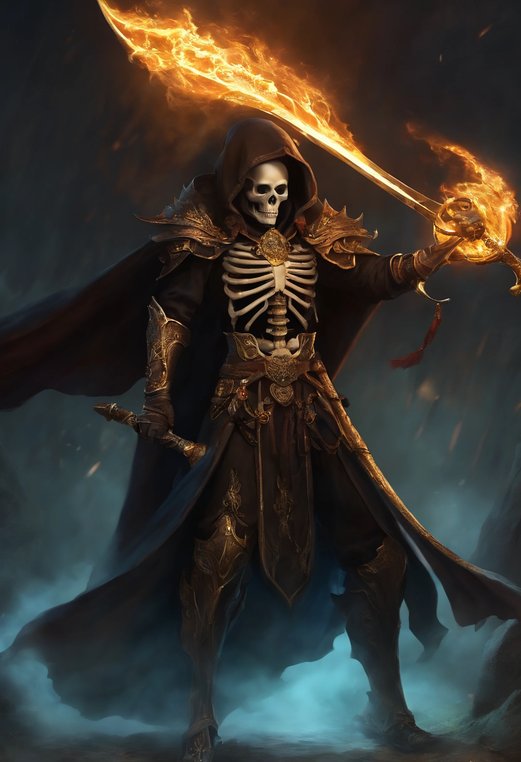 (Masterpiece), (Best quality), 1 man，Young man's face，Detailed portrayal of the face，Perfect facial features, (shinigami),(breathingfire:1.5)， gazing, standing, watch audience, A cloak that covers the whole body, (Skeleton decorated robes), (A gold skull pendant hangs from his waist), (Armed with a death scythe:1.2), Transparent gold glowing gold skeleton, Skull boots, nipple tassels, Fire,fenghuang