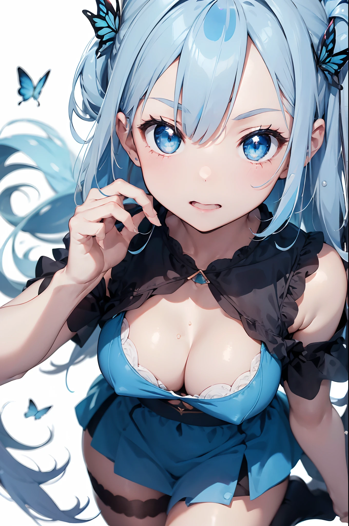 Illustration of a cute model girl, (Anime style:1.2),(high color contrast:1.2),(((masterpiece, best quality)))((masterpiece:1.5)), masutepiece, Best Quality, ultra-detailliert, 4K, absurderes, hight resolution,(((masutepiece, Best Quality))),((masutepiece:1.5)), (Best High Quality, high resolution, The ultra -The high-definition, 4K:1.3),(best high quality, ultra high res, ultra highly detailed, 4k:1.3),((perfect hands, perfect fingers, perfect legs)),BREAK,1girl,1woman, (, loli face:, (chibi:1.2), ((light blue eyes)),((round eyes)), big breasts, glare, white skin, (skinny), ((shiny body, shiny skin, big breasts)), (blunt bangs:1.3), (((white bob hair:1.4))), (((blue colored inner hair:1.3))),(((blue streaked hair:1.3))), ((blue eyes)), (((sparkling reflection eyes))),,(((white skin body, shiny skin, large breasts))), dynamic pose , (( blue glowing eyes)), butterfly hair ornament, BREAK ,cleavage cutout (sharara) , perfect detailed , BREAK, background , shiny white, (stop motion),BREAK, (from above),((face focus:1.4)), looking at viewer, ((look into the camera)),(lie down:1.2), BREAK