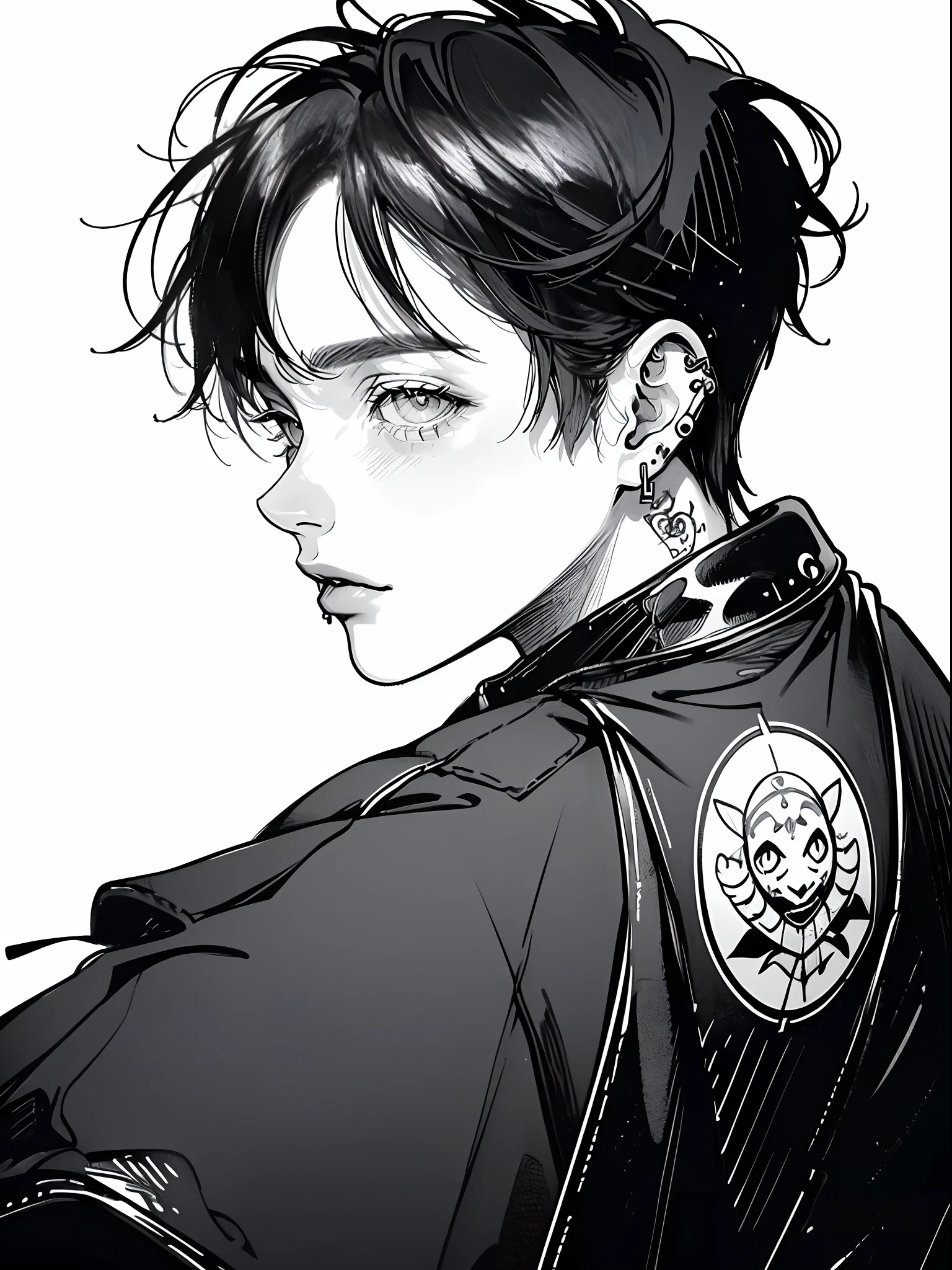 (4K works))、masterpiece、(top-quality)、Korean Male、Adult male、((Adult 50 years old))、((Adult uncle type))、((Leather Jeans Style))、((Face similar to Hyunjin))、Cool Men、tall、((Wild features))、((Long sleeve long trouser style))、((Smaller face))、Slim body、(((short-haired)))、((shot from a side angle))、((profile))、((Turn the body to the side))、((Shot alone))、((Solo Photography))、Professional Photos、((He is in front of the viewer))、((Monochrome photography))、((Upper body photography))、((Wear a lot of piercings))、((Mouth piercing))、((Icon Photo))、((Sick Boys))、((Mine Boys))、((tattoo))