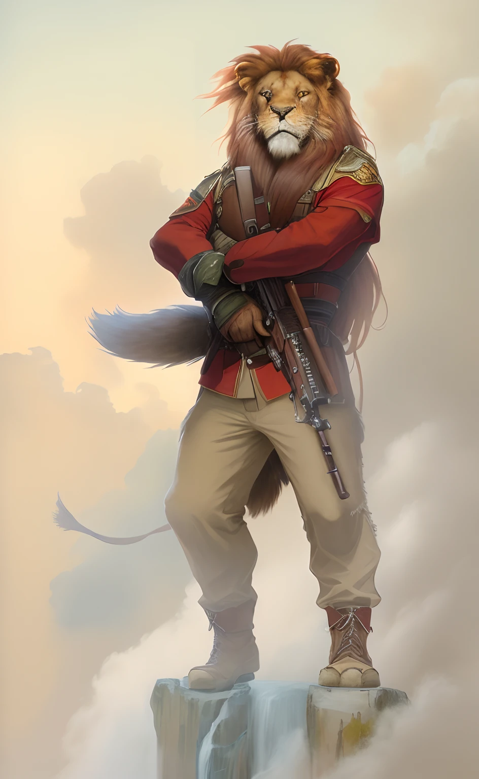 真实感, Realism, Clear visualization of fine details of the exterior, Painting by Jean-Baptiste Monge depicting a large adult lion, Bright red mane, Evil Look, dressed in military uniform, hat on his head, In the hands of a weapon, stands on a ledge, , jean - baptiste monge, anthropomorphic --ar 2:3 --testp -optimistic;