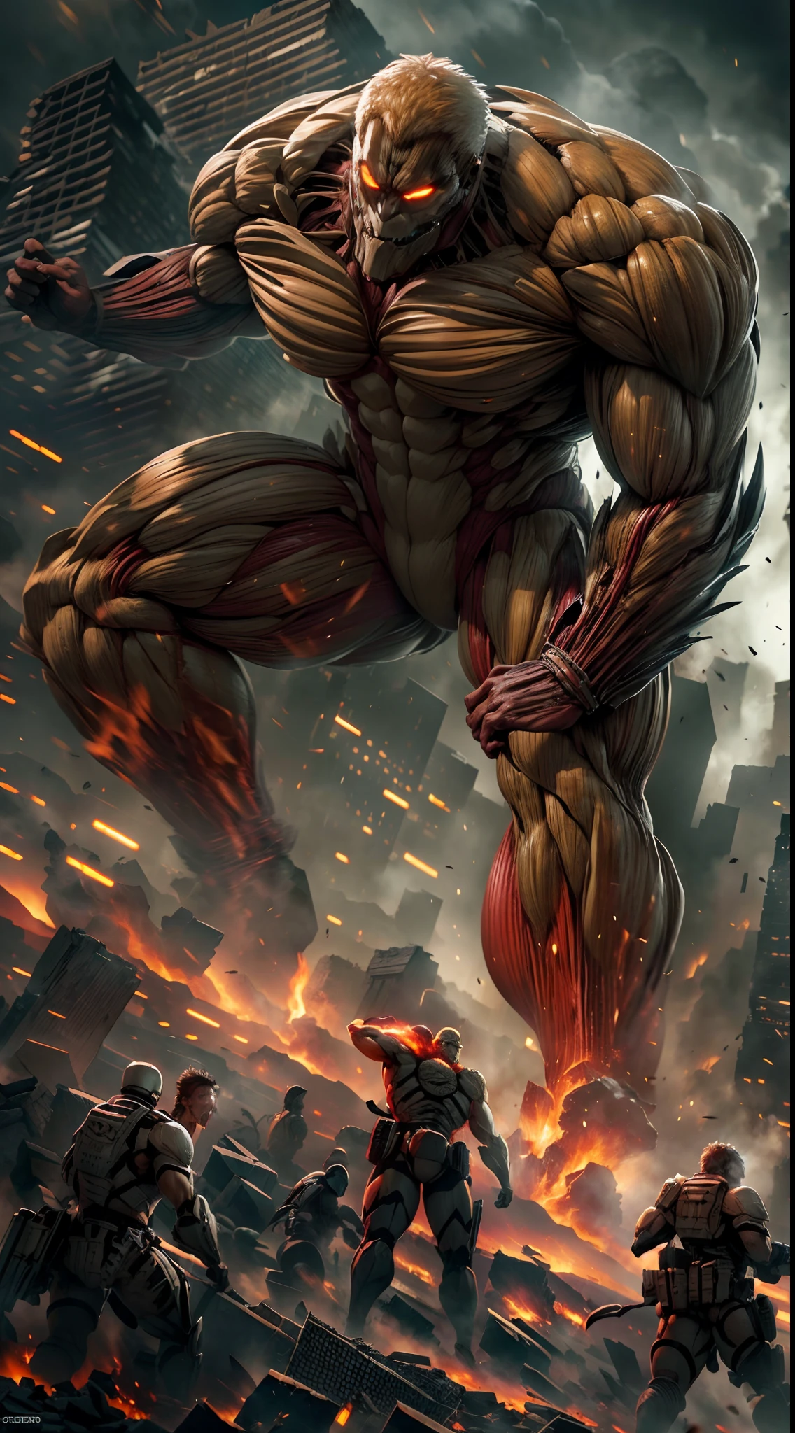 (best quality,4k,highres,masterpiece:1.2),ultra-detailed,(realistic,photorealistic,photo-realistic:1.37),anime,character design,(large, colossal:1.1) armored titan, intimidating and powerful, muscular body with intricate details, dark and menacing appearance, (destructive, havoc-wreaking:1.1), cityscape in ruins, crumbling buildings, billowing smoke and debris, terrified and scattered civilians, (dynamic, action-packed:1.1) battle scene, thundering footsteps, epic clash with other titans, (dramatic, intense:1.1) lighting, emphasizing the grandeur of the titan's presence, dark and gloomy color palette with flashes of fiery red, (detailed, expressive:1.1) facial features, piercing glowing eyes, sharp teeth, steam emitting from its body, (titan shifters, human transformation:1.1), humans with vertical maneuvering equipment engaged in aerial combat, (apocalyptic, post-apocalyptic:1.1) atmosphere, hinting at a dark and dystopian world, (majestic, monumental:1.1) scale, showcasing the titan's immense size and destructive capability, (epic, dramatic:1.1) cinematic composition, evoking a sense of awe and fear.