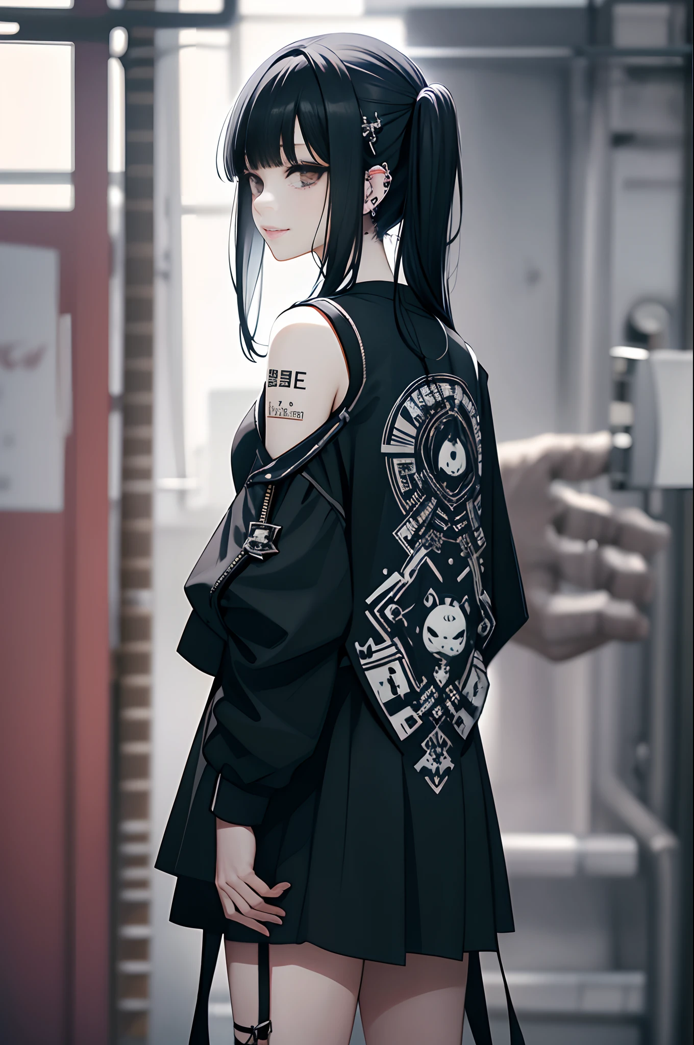 frombelow、Turn around、Best Quality, masutepiece, photo of an actress, Beautiful, Model, 40 years old、turned around、Watching the viewer、Background white、from behind、Turn around、From  above、Nike、Piercing Woman、piercings、A smile、colourful hair,Black shorts、Blunt bangs、(a black skirt)、1girl in,Solo,Flashy hair、Photorealsitic, hight resolution, 1 rapariga, A dark-haired、Akame, Korea person, Cowboy Shot、Gothic