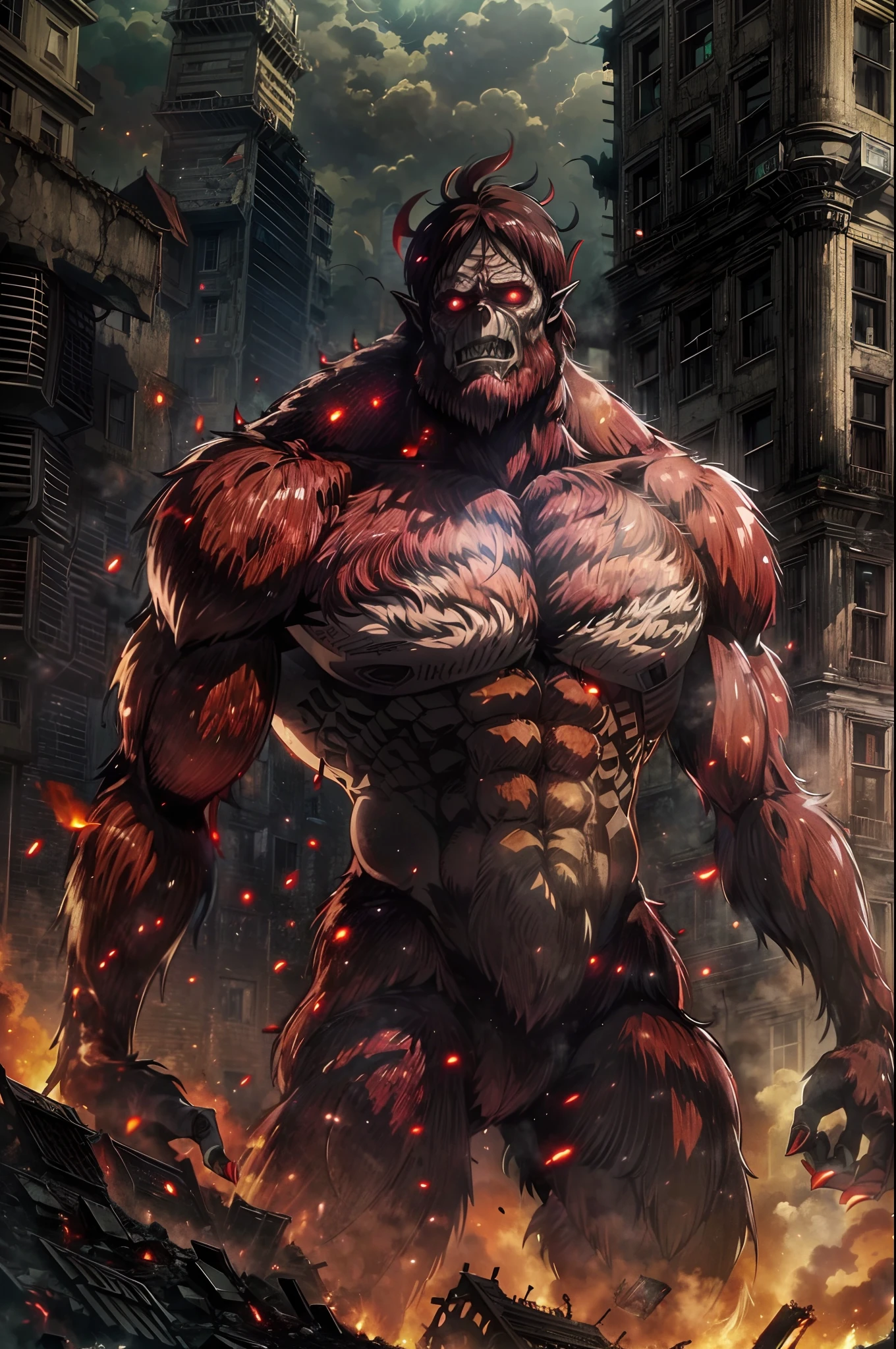 (beast titan,anime,full body:1.1,destroyed city:1.2)[photorealistic:1.37],furry,detailed,aggressive stance,menacing expression,large muscular body,sharp fangs,powerful claws,burning red eyes,smoke and debris,ruins and crumbling buildings,enormous shadow looming,vivid colors,strong lighting,ominous atmosphere,terrifying creature