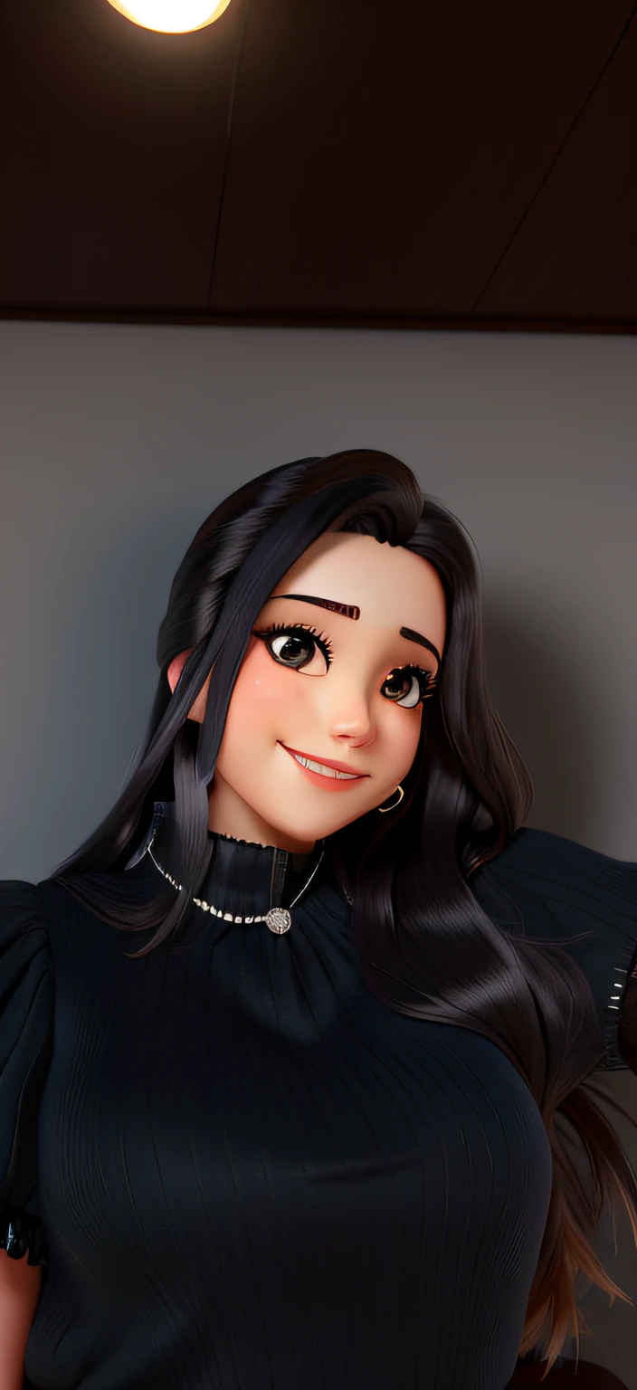 Uma linda jovem adulta, com roupa preta, usando um colar de diamante, smiling at camera