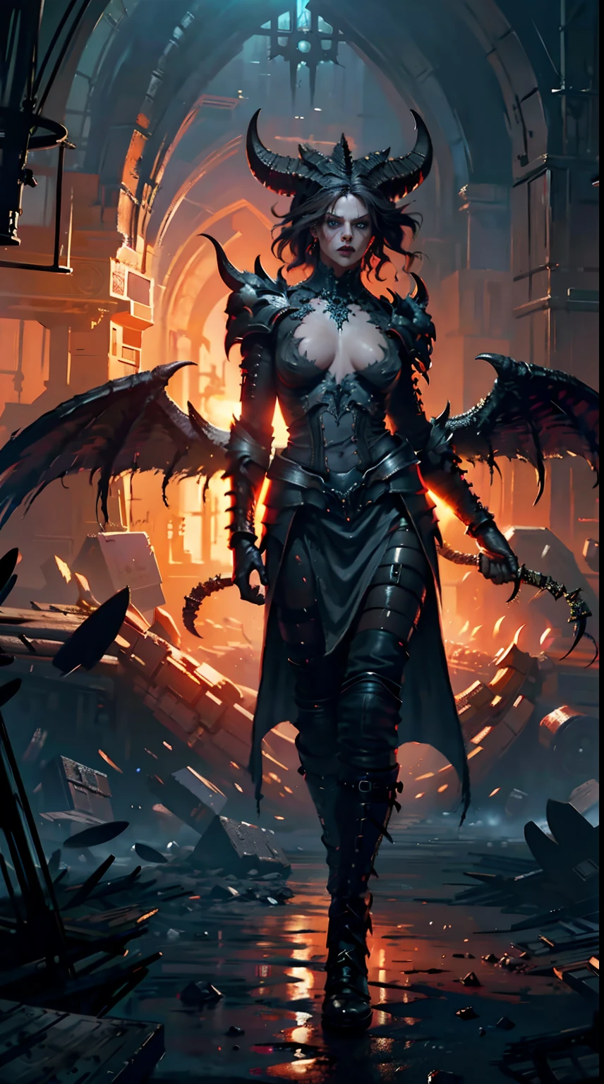 Lilith inside a church, fire, lightning, blood, full body, in the style of D14bl0, (best quality, 4k, 8k, highres, masterpiece:1.2), ultra-detailed, (realistic, photorealistic, photo-realistic:1.37), HDR, UHD, studio lighting, ultra-fine painting, sharp focus, physically-based rendering, extreme detail description, professional, vivid colors, bokeh, portraits, landscape, horror, anime, sci-fi, photography, concept artists, vibrant colors, warm color tone, dramatic lighting.