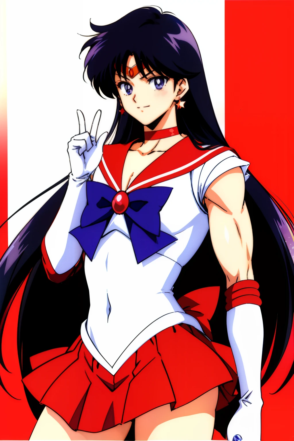 Anime Boy、Cool boys、Junior high school boys、solo、jewelry、Star earrings、Rei Hino、gender change、Sailor Mars、gender change(Girls to boys)、Sailor Senshi Uniform、Boy with very long black hair、white glove、elbowgloves、skirt、Red sailor collar、Blue bow tie、White leotard、highleg leotard、robe blanche、covered_navel、rating:safe、Hands on buttocks、Magical Boy、a red skirt、red_background、smile、bow、back_bow、cowboy_shot、a miniskirt、pleatedskirt、circlet、looking_at_viewer、collarbone、Boy with Purple Eyes、Blue-eyed boy、closed_mouth、Muscular men、Boy standing、a red choker、bangs、brooch、Bare shoulders、bare legs、Hymns to the King as a Prince、Classic Boy、(1990's\(styles\):0.9)、