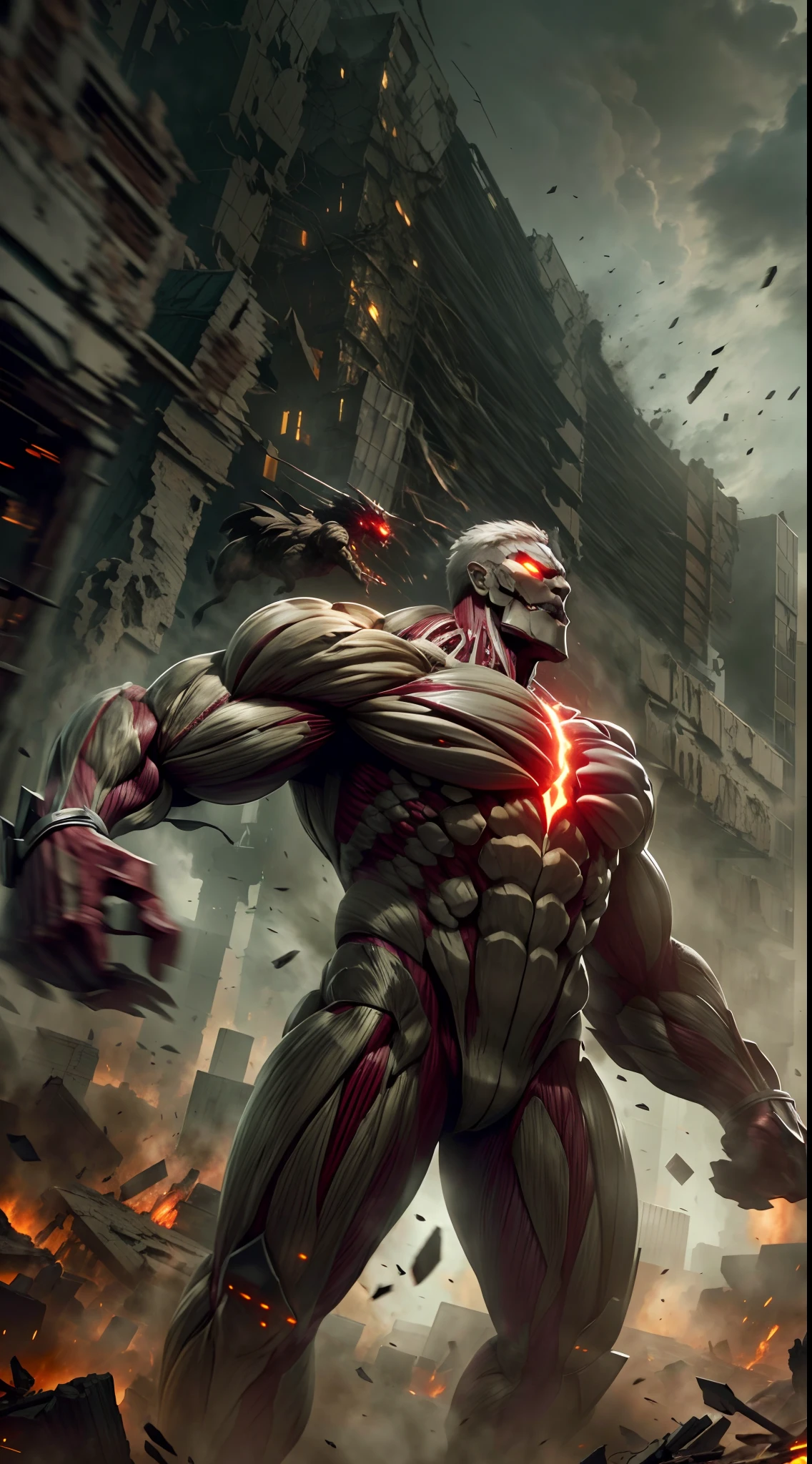 (best quality,4k,highres,masterpiece:1.2),ultra-detailed,(realistic,photorealistic,photo-realistic:1.37),anime,character design,(large, colossal:1.1) armored titan, intimidating and powerful, muscular body with intricate details, dark and menacing appearance, (destructive, havoc-wreaking:1.1), cityscape in ruins, crumbling buildings, billowing smoke and debris, terrified and scattered civilians, (dynamic, action-packed:1.1) battle scene, thundering footsteps, epic clash with other titans, (dramatic, intense:1.1) lighting, emphasizing the grandeur of the titan's presence, dark and gloomy color palette with flashes of fiery red, (detailed, expressive:1.1) facial features, piercing glowing eyes, sharp teeth, steam emitting from its body, (titan shifters, human transformation:1.1), humans with vertical maneuvering equipment engaged in aerial combat,  (apocalyptic, post-apocalyptic:1.1) atmosphere, hinting at a dark and dystopian world, (majestic, monumental:1.1) scale, showcasing the titan's immense size and destructive capability, (epic, dramatic:1.1) cinematic composition, evoking a sense of awe and fear.