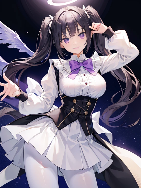 white skirt,black hair, twintails, white skirt,white pantyhose,corset, 8K, masterpiece,detailed halo, highly detailed face,medium breast,solid circle eyes,wing on the waist,purple eyes,god ray,detailed shading,depth of field,grin