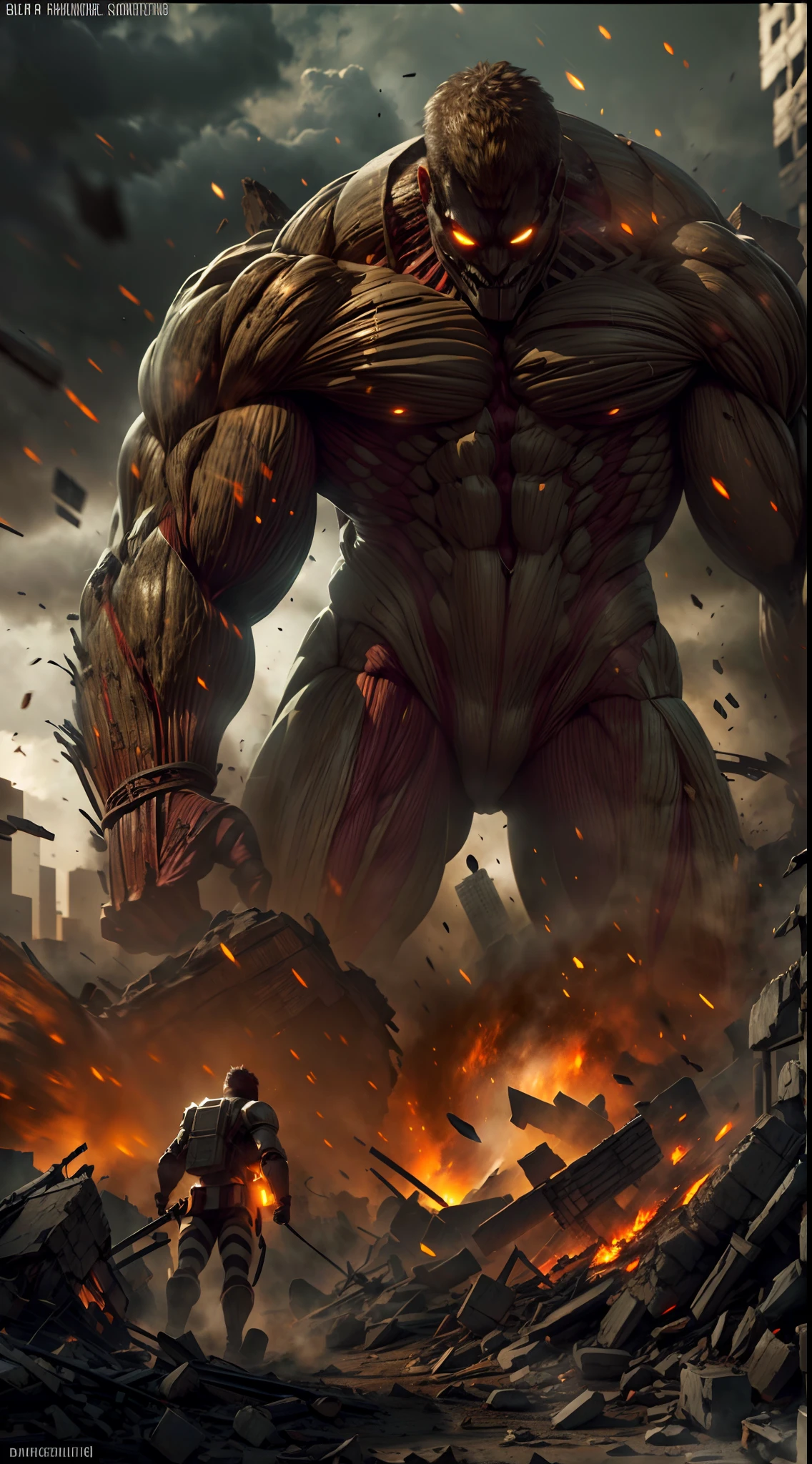 (best quality,4k,highres,masterpiece:1.2),ultra-detailed,(realistic,photorealistic,photo-realistic:1.37),anime,character design,(large, colossal:1.1) armored titan, intimidating and powerful, muscular body with intricate details, dark and menacing appearance, (destructive, havoc-wreaking:1.1), cityscape in ruins, crumbling buildings, billowing smoke and debris, terrified and scattered civilians, (dynamic, action-packed:1.1) battle scene, thundering footsteps, epic clash with other titans, (dramatic, intense:1.1) lighting, emphasizing the grandeur of the titan's presence, dark and gloomy color palette with flashes of fiery red, (detailed, expressive:1.1) facial features, piercing glowing eyes, sharp teeth, steam emitting from its body, (titan shifters, human transformation:1.1), humans with vertical maneuvering equipment engaged in aerial combat, (apocalyptic, post-apocalyptic:1.1) atmosphere, hinting at a dark and dystopian world, (majestic, monumental:1.1) scale, showcasing the titan's immense size and destructive capability, (epic, dramatic:1.1) cinematic composition, evoking a sense of awe and fear.