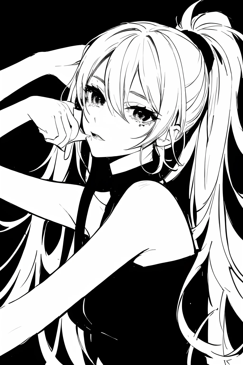 sketch by NTY,  black background, woman,black and white aesthethic girl anime pfp