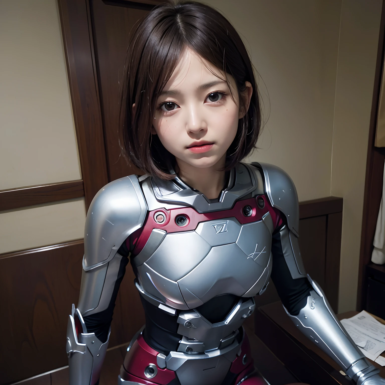 8K, top-quality, masutepiece:1,2), (reallistic, Photorealsitic :1.37), Super Detail, One girl,), (Highly detailed), (beautifully detailed eyes), (of the highest quality), , (masutepiece), (Detailed face),20yr old, full body, ironman suit ,Star Knight, Black hair, Very short hair, medium breasts,