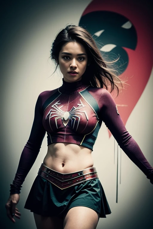 Brie Larson、Sticking out the navel、newyork、She wears a torn Spider-Man suit,wearing skirt、 Red and black color scheme,Dynamic、masterpiece、top-quality、ultra-detailliert、ighly detailed、beautiful detailed brilliance、超A high resolution
