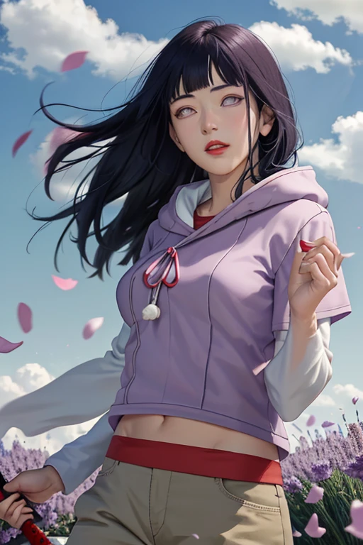 masterpiece, absurdres, hinata\(boruto\), 1girl, solo,mature female, purple hoodie,layered sleeves, brown pants, outdoors,lavender flower field, wind, floating hair, looking at viewer, (falling petals), cloudy sky, perfect composition, detailed lips, medium breast, beautiful face, body propotion, blush, ((red lips)), long hair,right hand holding red glowing katana sword