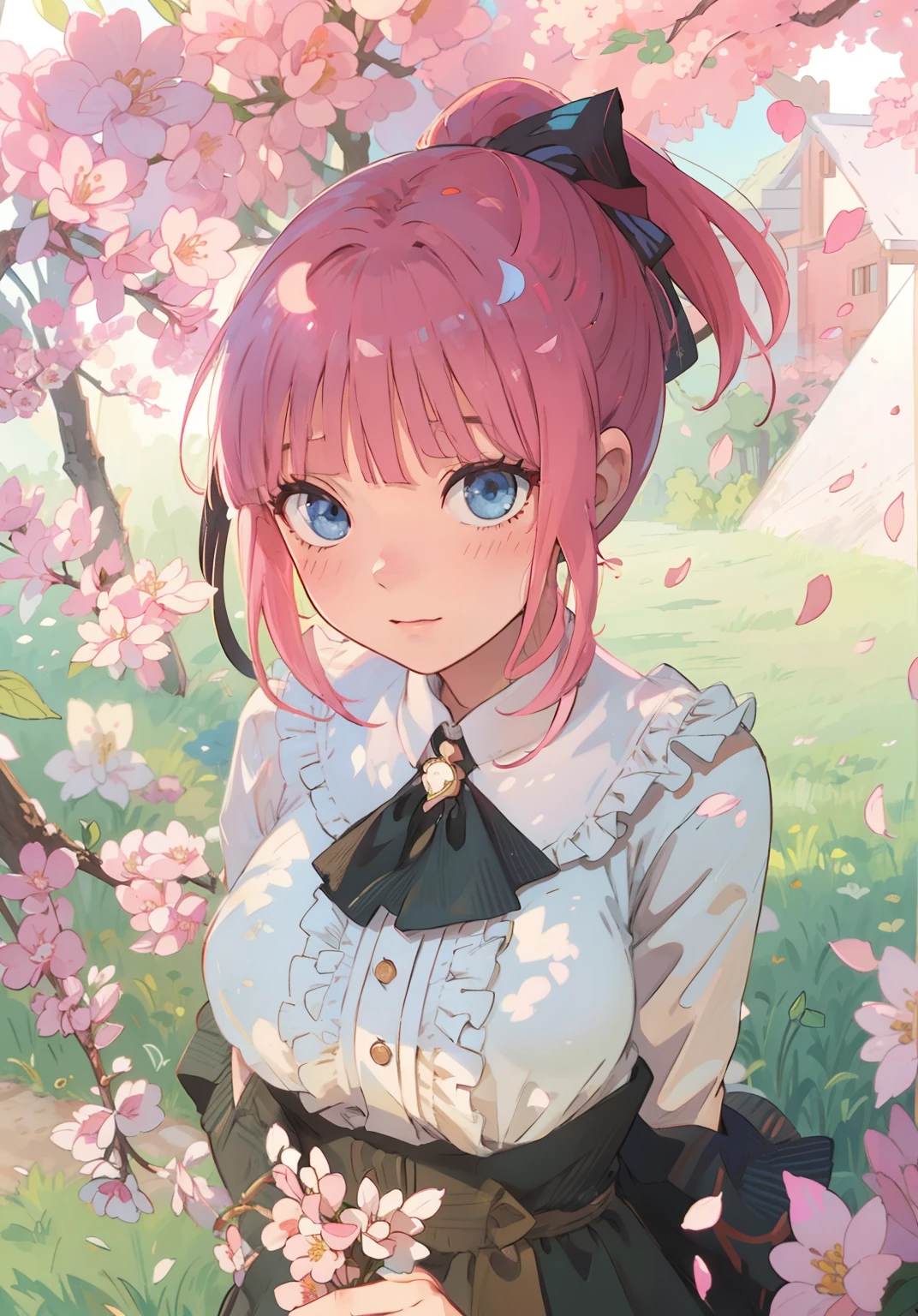 Nino Nakano, perfect face, perfect anatomy, (masterpiece、top-quality、Official art、Beautifully Aesthetic:1.2)、(a beauty girl:1.3)、patterns, HD Detail, Ultra Detail, Movie, Hyper Realism,--niji 5. Sweet face, sparkling eyes, masterpiece, perfect anatomy, extremely detailed faces. Cute faces, perfect faces, masterpiece, 4k, Sweet, blushing, Nino Nakano, Nino Nakano from The Quintessential Quintuplets, shoulder length pink hair in a ponytail, hair up in a ponytail, butterfly hair ribbons, soft frilly organza dress, cherry blossoms, grass, pink petals, soft breeze, blushing, sweet expression, splendid delicate dress, blue sky,