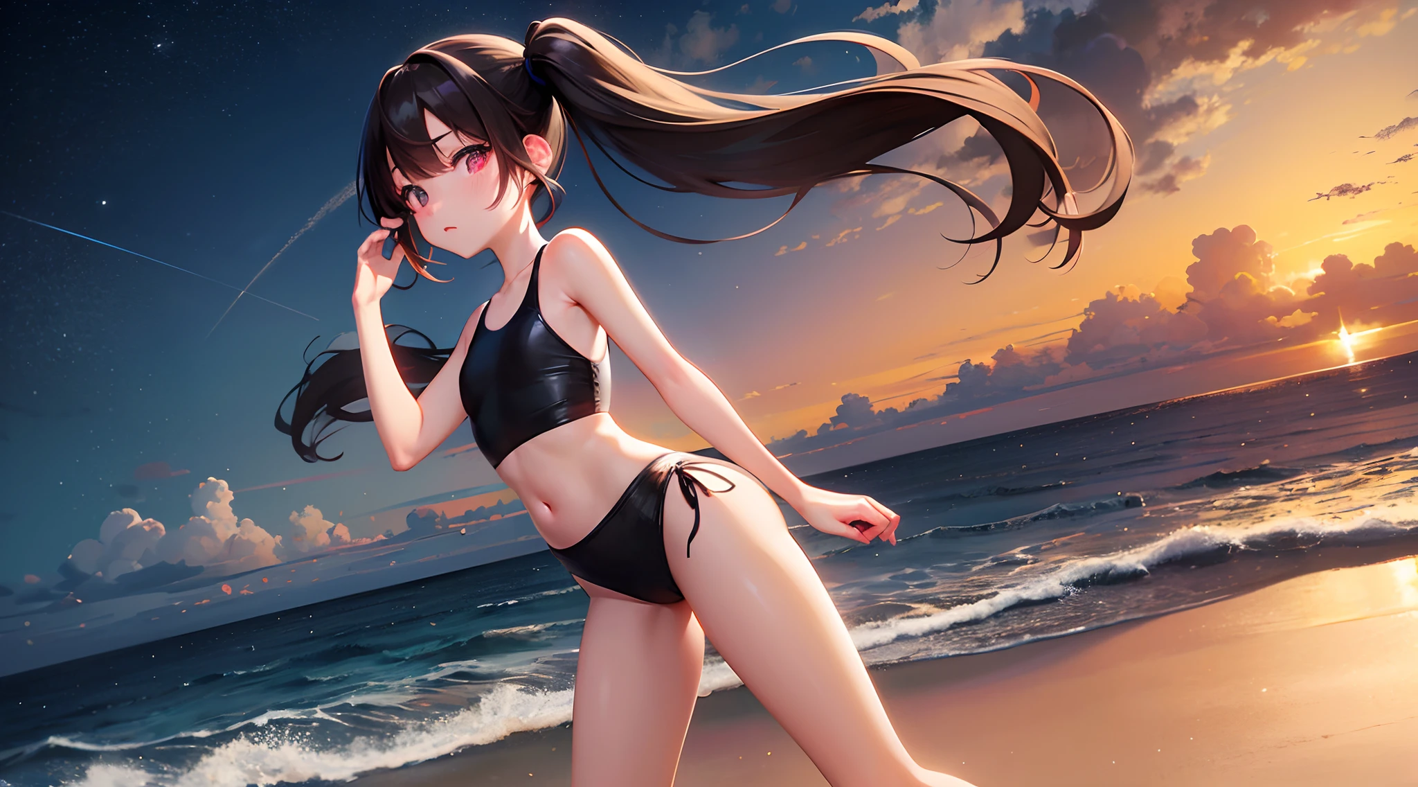 Hutao, walking in the beach, brown hair, twin tail, black swimsuit, vibrant colors, detailed eyes, red eye, and face, beach night sky, sand under feet, dynamic lighting, digital art, high resolution (best quality, 4k, high-res), vivid colors, Japanese anime style, soft and warm color tones