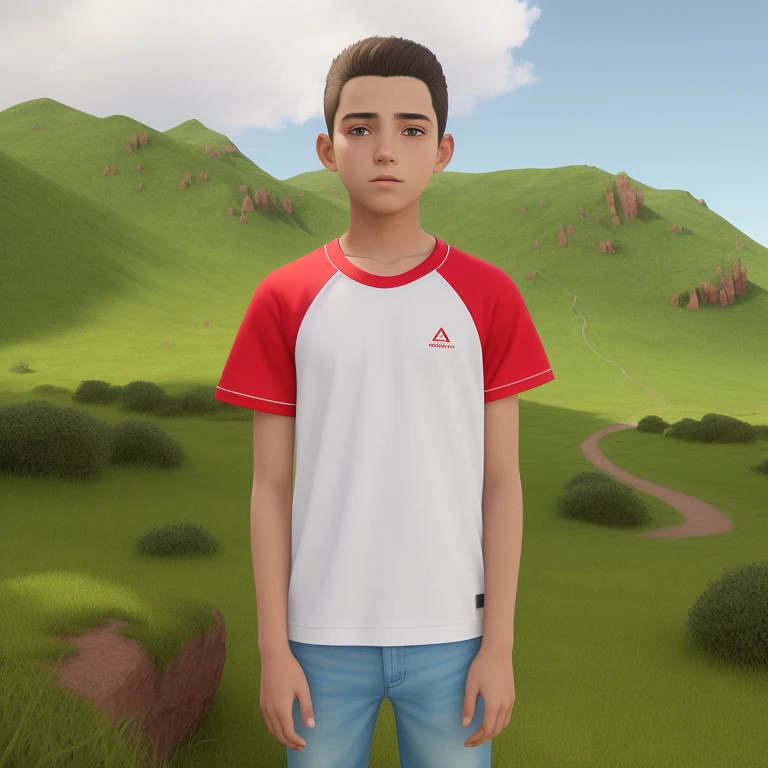 (menino 9 anos de idade 3.3), (europeu 3.3), )olhos verdes 1.1), Standing in front of a mountain in a red and white shirt, Estilo anime 3D realista, em frente a uma montanha, bryce 3 d estilo, 8k portrait render, Colinas ao fundo, semi-realistic rendering, adolescente hiperrealista, realismo artstyle, Roupas realistas, anime estilo 3d, imagem ultra realista, foto realista