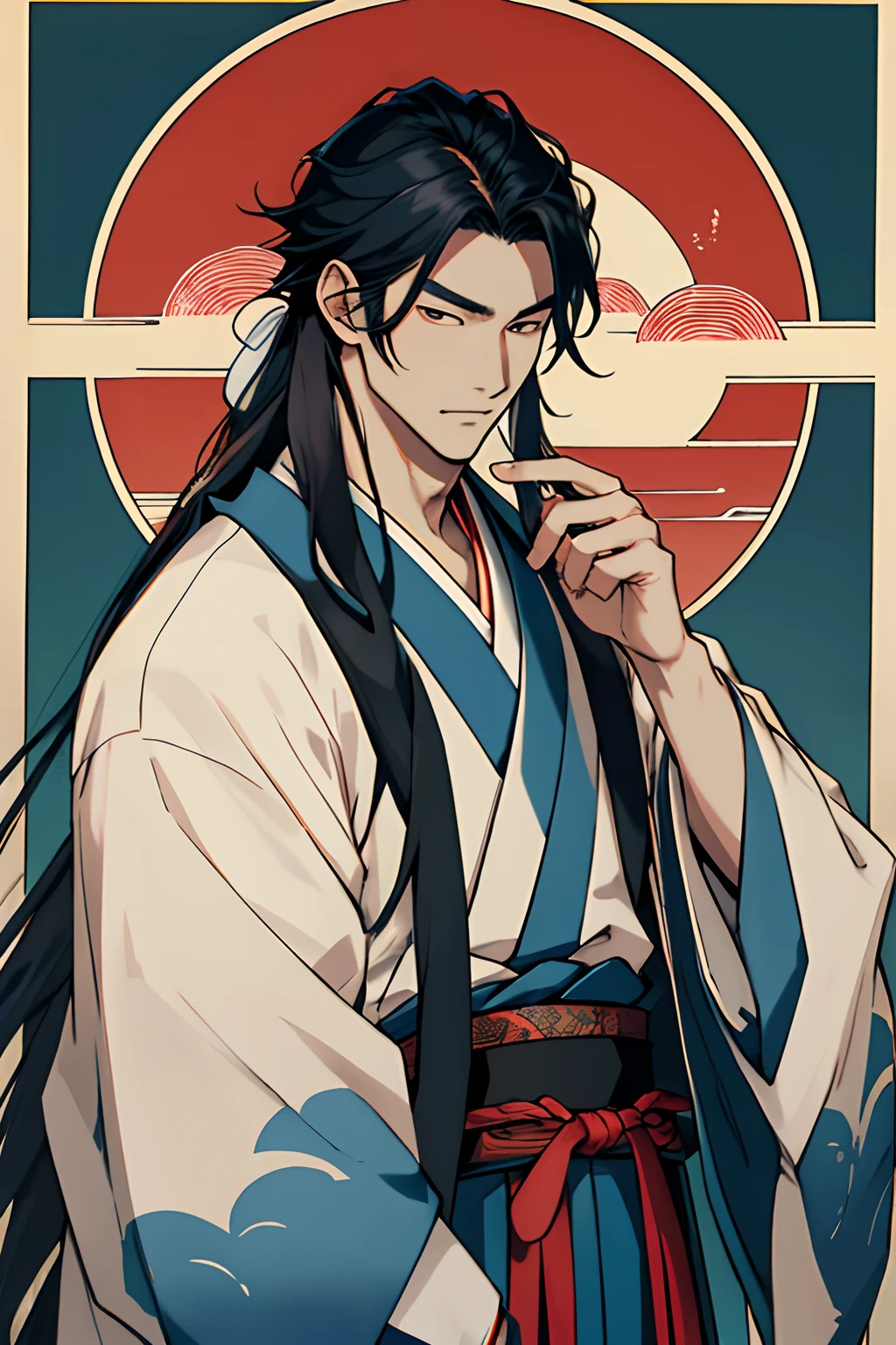 A handsome Japanese man in his early 20’s an heir to the tittle lord. (Any color) long Hair wearing traditional clothes, with a nonchalant and cold gaze. No one likes him yet intimidating.