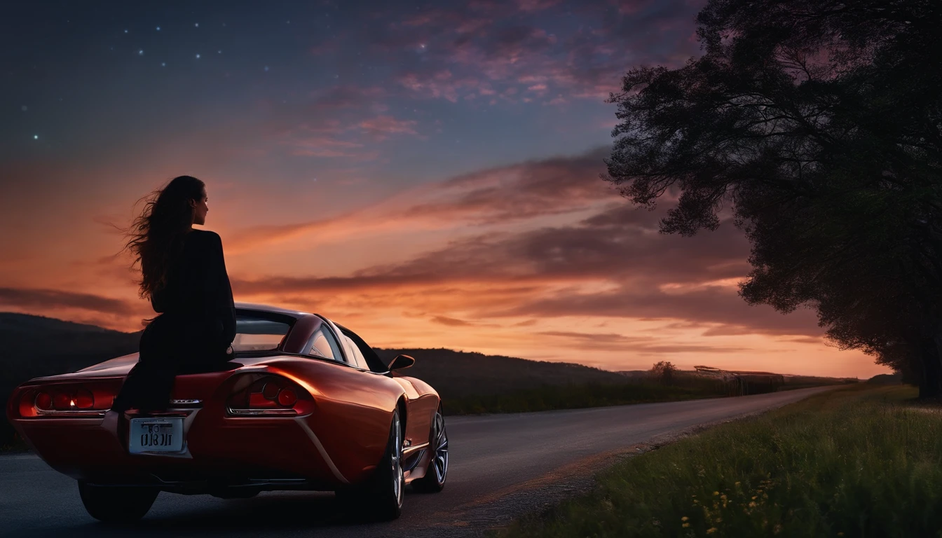 Beautiful woman with a car behind her at night, twilight sky, night lights, night sky, sunset sky, night drive, ultra detailed, photorealistic, cinematic, masterpiece.