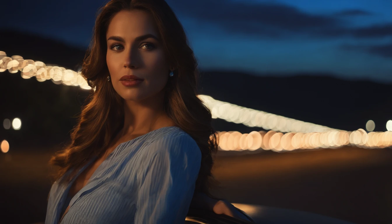 Beautiful woman with a car behind her at night, twilight sky, night lights, night sky, sunset sky, night drive, ultra detailed, photorealistic, cinematic, masterpiece.
