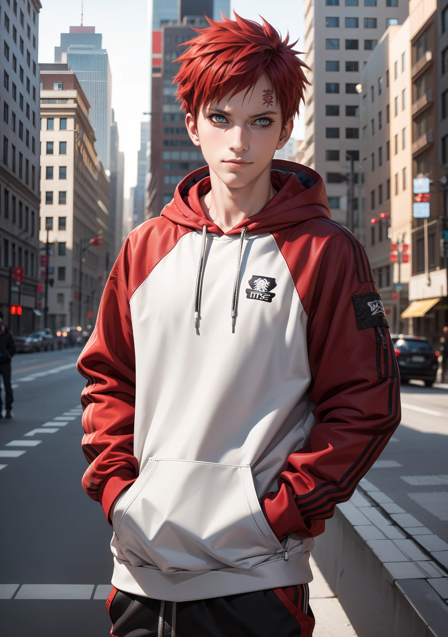 masterpiece, ultra-detailed, 1boy, male focus, upper body shot, Gaara wearing Streetwear Hoodie, red hair, look at viewer, happy face, Hands in pockets, vibrant colors, cityscape background, dinamic lighting, highly detailed face, stylish, urban style, cool attitude, bokeh, blurry background,