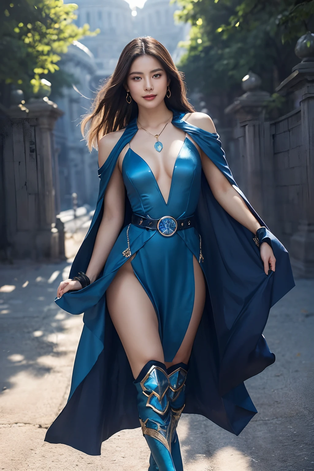 It is a beautiful and mysterious giant,(The background is the Royal Palace),(Korean Beautiful Girl）,She has a toned body，Muscles are well defined，At the same time, Don't lose your femininity。Her hair is deep blue，Naturally hangs down the shoulders，Gently flapping its wings in time with her movements。Ares' eyes are bright turquoise，Shine with wisdom and power。

Ares's skin has a natural wheat color，Golden yellow with faint sunlight。Her cheeks flushed slightly，It has a warm feeling。eyebrows are thin and soft,，It's like a crescent moon，Complements the bridge of the nose，Make her facial features more three-dimensional。Her lips are full，The color is like a sweet cherry，Slightly upturned，Always with a smile。

Ares' costume is a unique warrior suit，Made of dark blue fabric，Glitter with a mysterious luster。The top fits snugly to the body，Shows her toned curves，A wide belt is wrapped around the waist，Exquisite gemstones are set。Her dress has an elegant wavy hem，Swaying gracefully with a gait。On the legs，She wore blue combat boots，Light and strong。

Ares wore a blue cloak over his shoulders，Blowing in the wind，Make her even taller、Make it look more powerful。In her hands she wears blue metal gauntlets，It is engraved with ancient mysterious runes。A necklace of blue gemstones hangs around her neck，Echo jewelry on the belt，Emphasize her noble status。