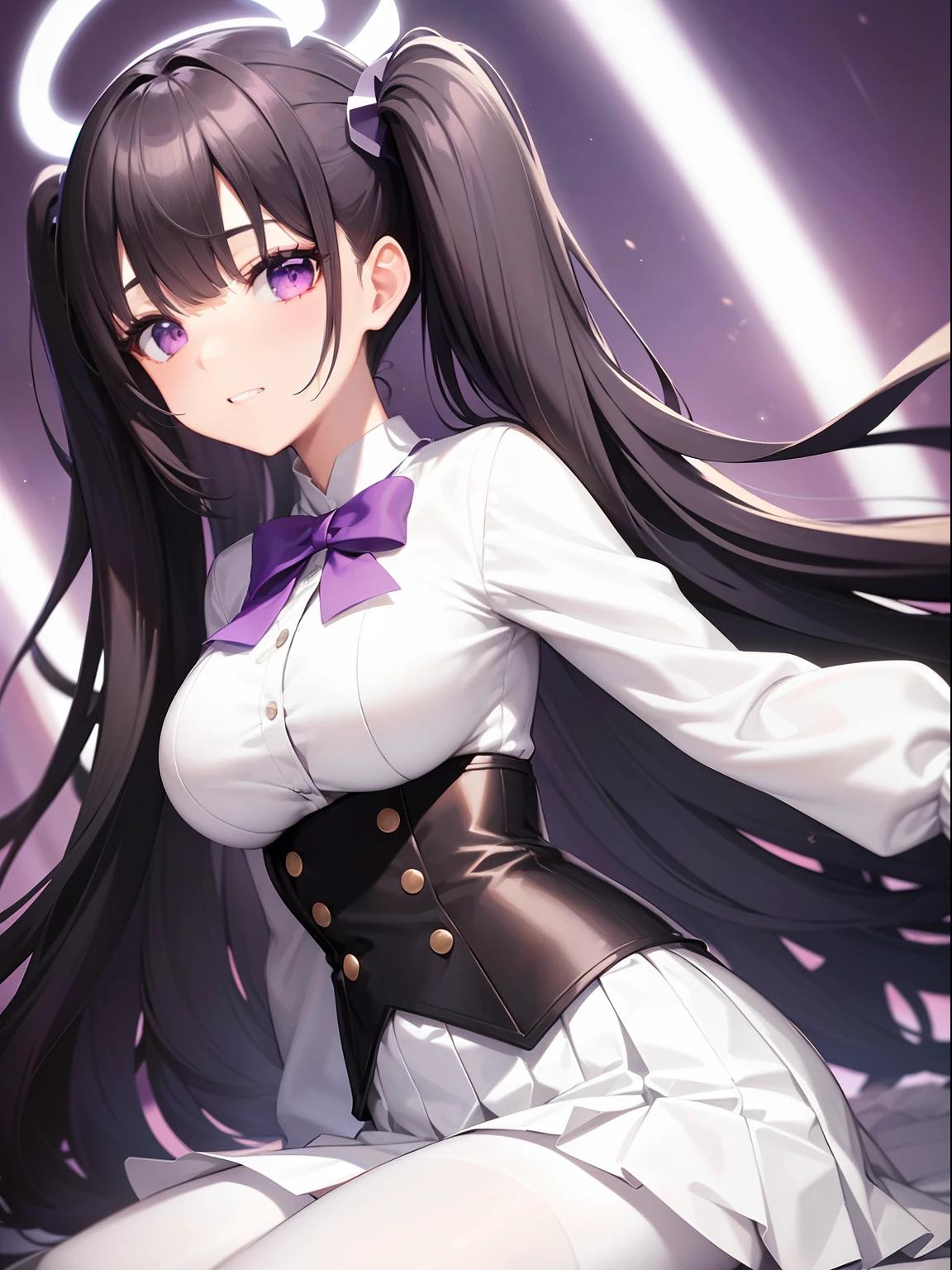 white skirt,black hair, twintails, white skirt,white pantyhose,corset, 8K, masterpiece,detailed halo,16 years old highly detailed face,medium breast,solid circle eyes,wing on the waist,purple eyes,god ray,detailed shading,depth of field,grin