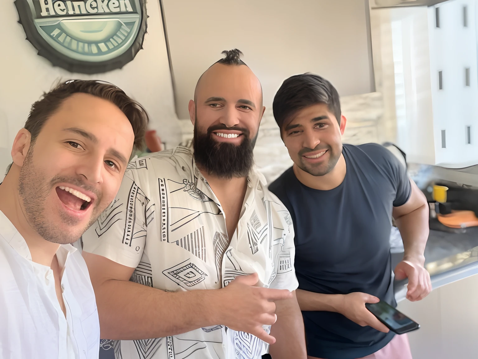 Three men standing in a kitchen with a man holding a remote control, com barba leonidas, Capturado no iPhone, inspired by Germán Londoño, #Oc, # Oc, tirado no iphone 1 3 pro, Condutor de Ene, Paulo Pepera Pablo Roldan, instagram story, Directed by: Adam Dario Keel, Genzoman e Frank Franzzeta