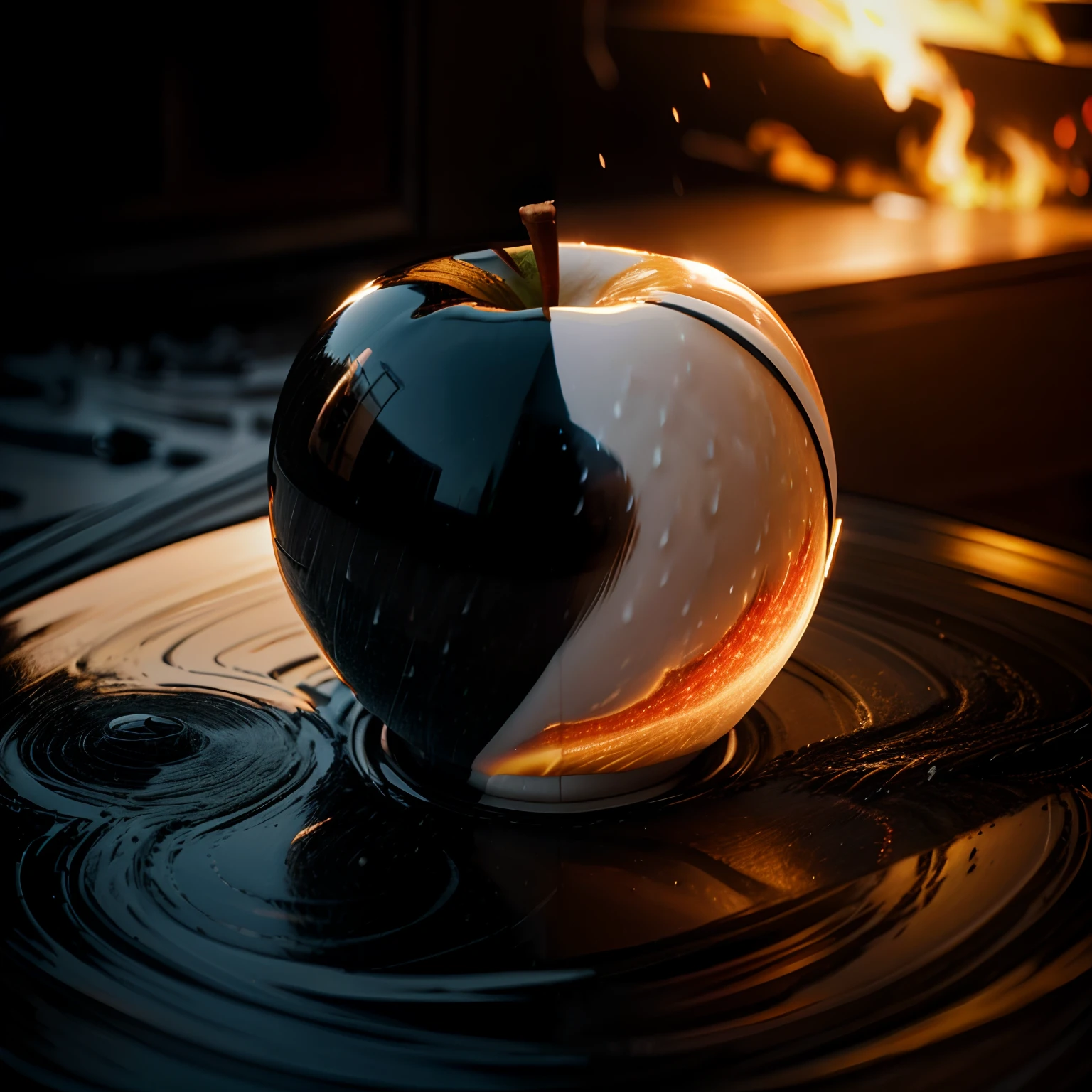 wabstyle, two-tone, (white|black:0.5), two-tone apple, rain on the left, flames on the right, (photorealistic:1.4), cinematic angle, fisheye, motion blur