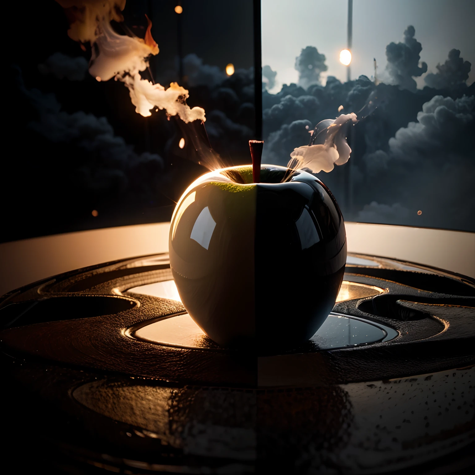 wabstyle, two-tone, (white|black:0.5), two-tone apple, rain on the left, flames on the right, (photorealistic:1.4), cinematic angle, fisheye, motion blur