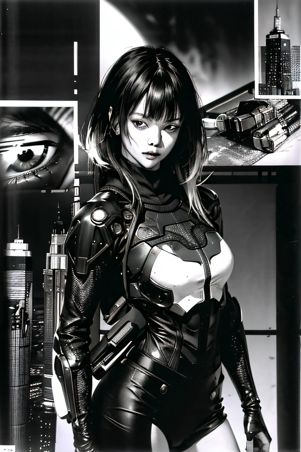 top-quality、masutepiece、Comics style、4K、comic strip、ighly detailed、 Girl on a large motorcycle with full cowl、cybersuit、cyberpunkcity、独奏、mirai、Urban area、Akira Toriyama、write、((Pen drawing、black-and-white、monochromes、Screentones))、SPEEDLINE、Centralized lines、Sci-fi cartoons