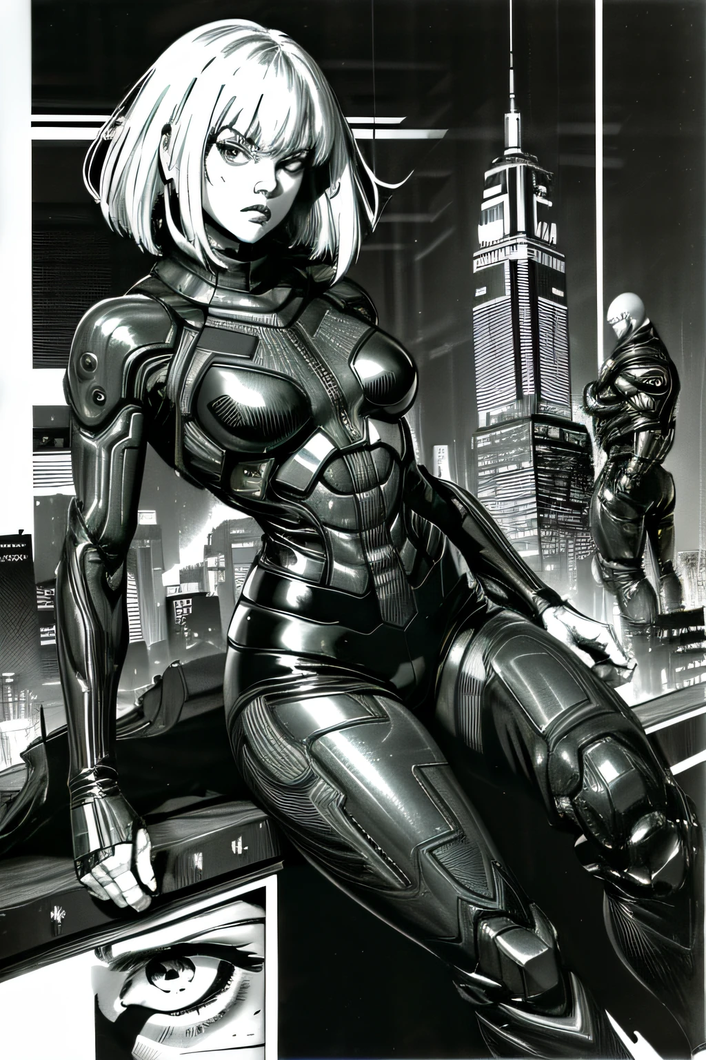 top-quality、masutepiece、Comics style、4K、comic strip、ighly detailed、 Girl on a large motorcycle with full cowl、cybersuit、cyberpunkcity、独奏、mirai、Urban area、Akira Toriyama、write、((Pen drawing、black-and-white、monochromes、Screentones))、SPEEDLINE、Centralized lines、Sci-fi cartoons