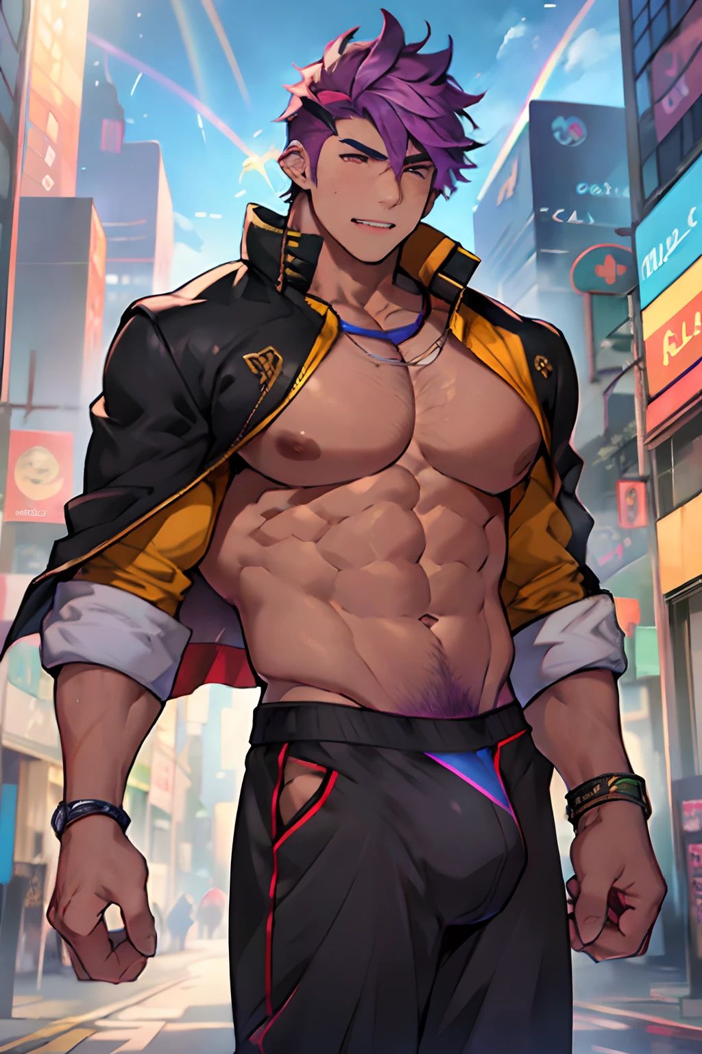1boy,male focus,jacket,pectorals,solo,shirt,open jacket,open clothes,short hair, rainbow hair,outdoors,looking at viewer,pants,closed mouth, extremely muscular masculine figure,off shoulder,city,muscular male,, shirtless, cape , thunder, extremely muscular masculine character, huge bulge, erotic