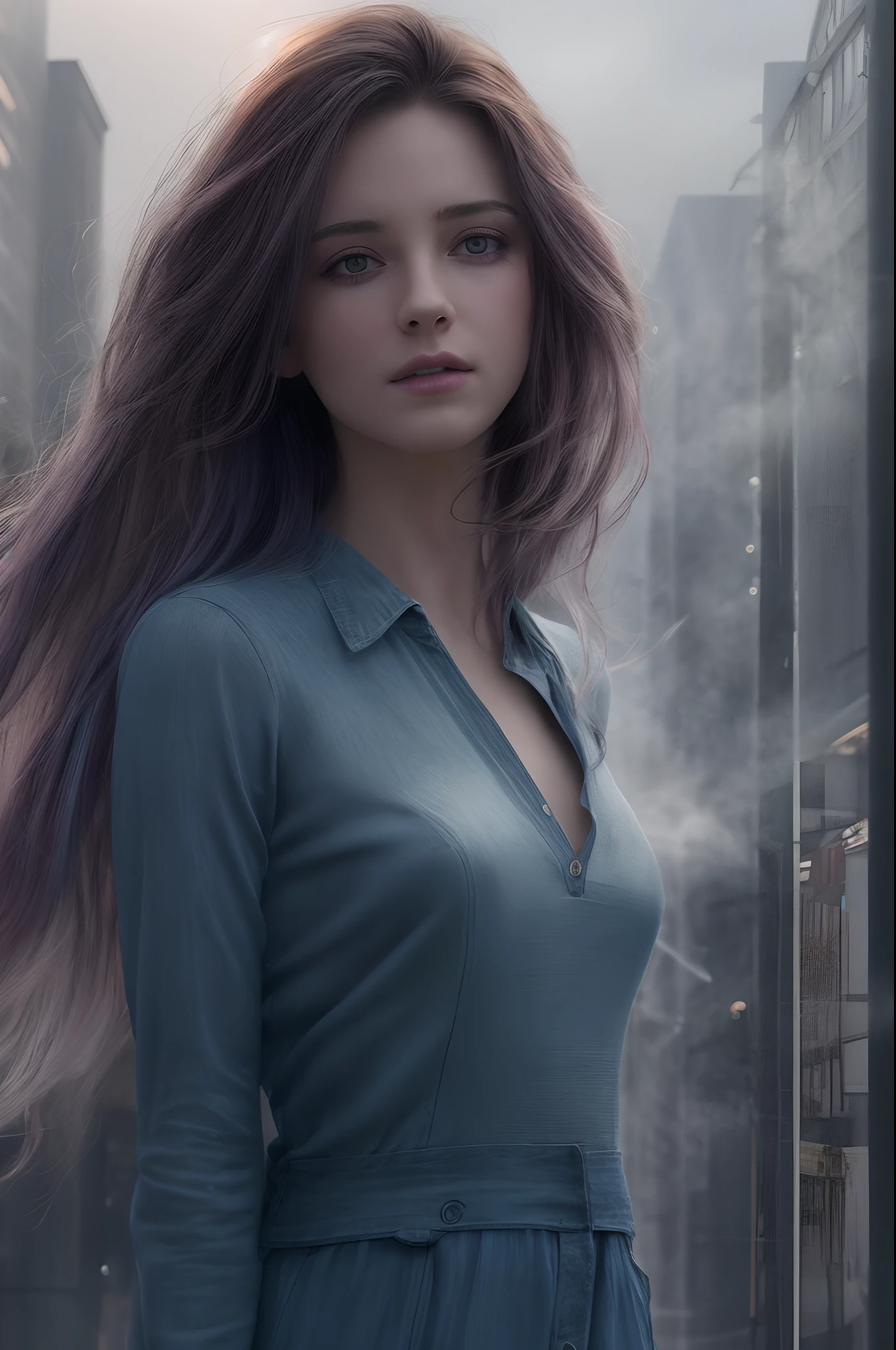 Realiistic, RAW photo, realistic colors, colorful, cute woman walking in futuristic cityscape, hyperrealistic, dinamic, cinematic composition, delicate detail, highly detailed face and eyes, masterpiece, very beautiful, adorable, marvelous, exquisite, captivating, alluring, spectacular, polished, very cute, excellent, astonishing, cinematic colors, full colors, hair backlighting, volumetric lighting, 8K, perfect eyes, perfect pupils, expressive eyes, smoke, particle fx, mist, fog