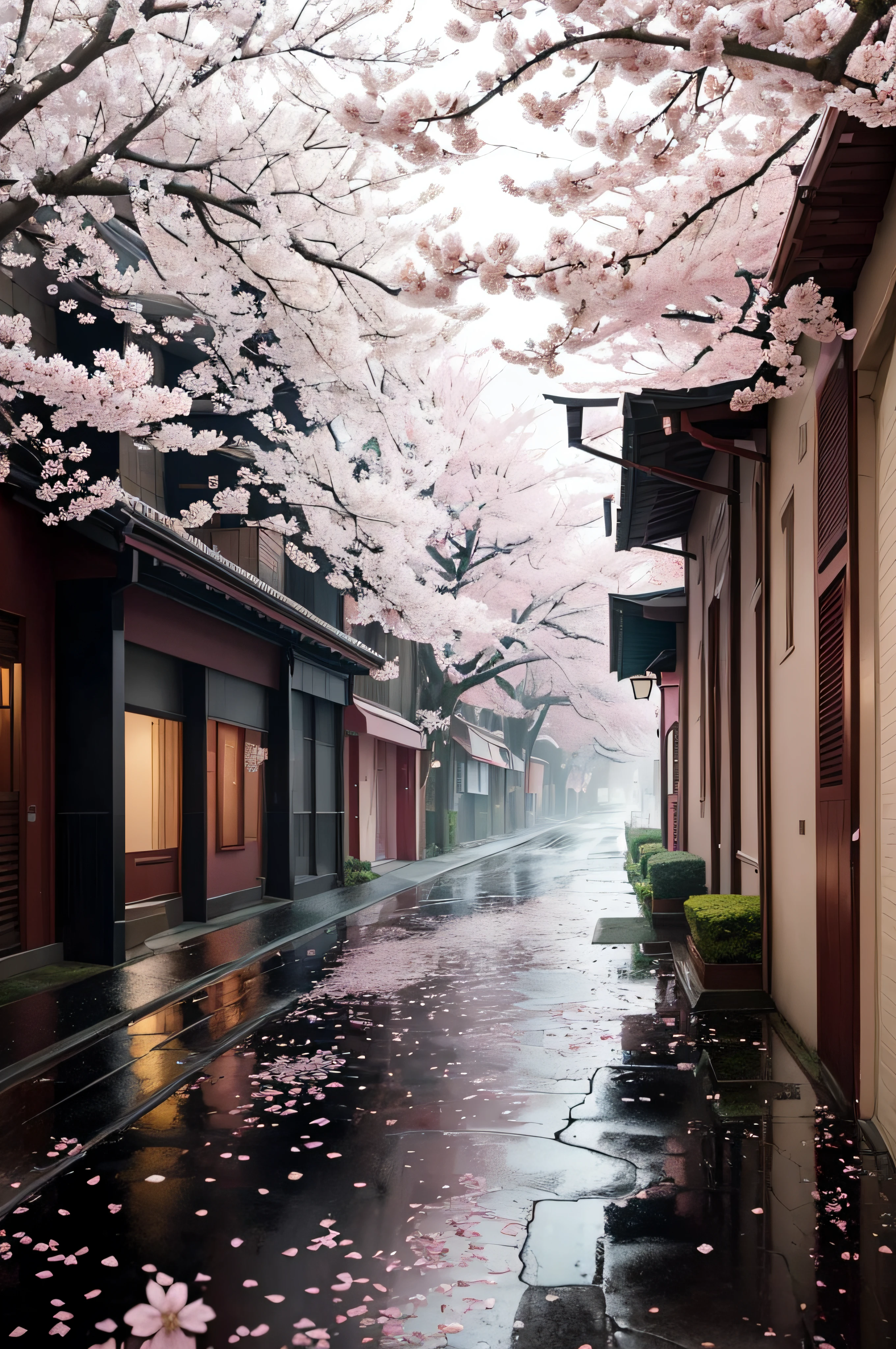 Capture the ethereal essence of a rain-soaked street beneath a heavy, gray sky, where pink cherry blossom trees stand tall, their vibrant petals scattered like a delicate pink carpet. The wet asphalt glistens, mirroring the world above, as slender, reaching branches bear the weight of pink blossoms in full bloom. Raindrops sparkle on leaves and petals, and the low-angle perspective accentuates their height and beauty. This serenely dynamic image evokes a sense of calm amidst change, with the cherry blossoms' transient beauty beautifully composed, forming a leading line that draws the viewer into the fleeting moments of a spring shower's embrace.