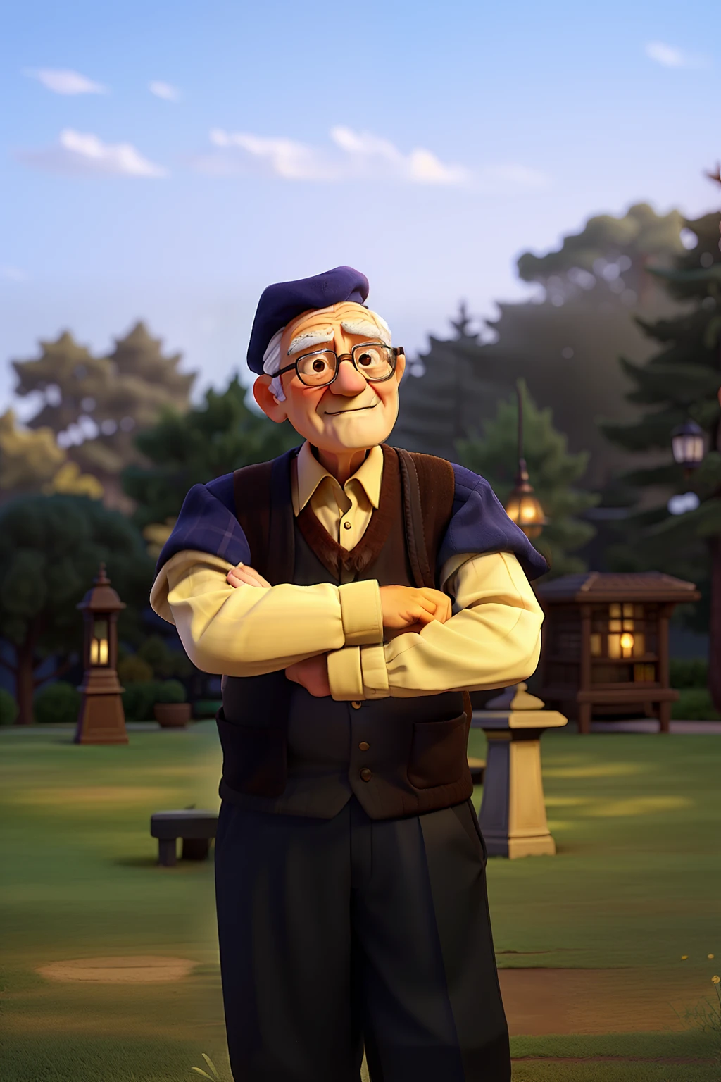 A wise old man standing in front, illuminated by the light of a lamp, against the backdrop of a library