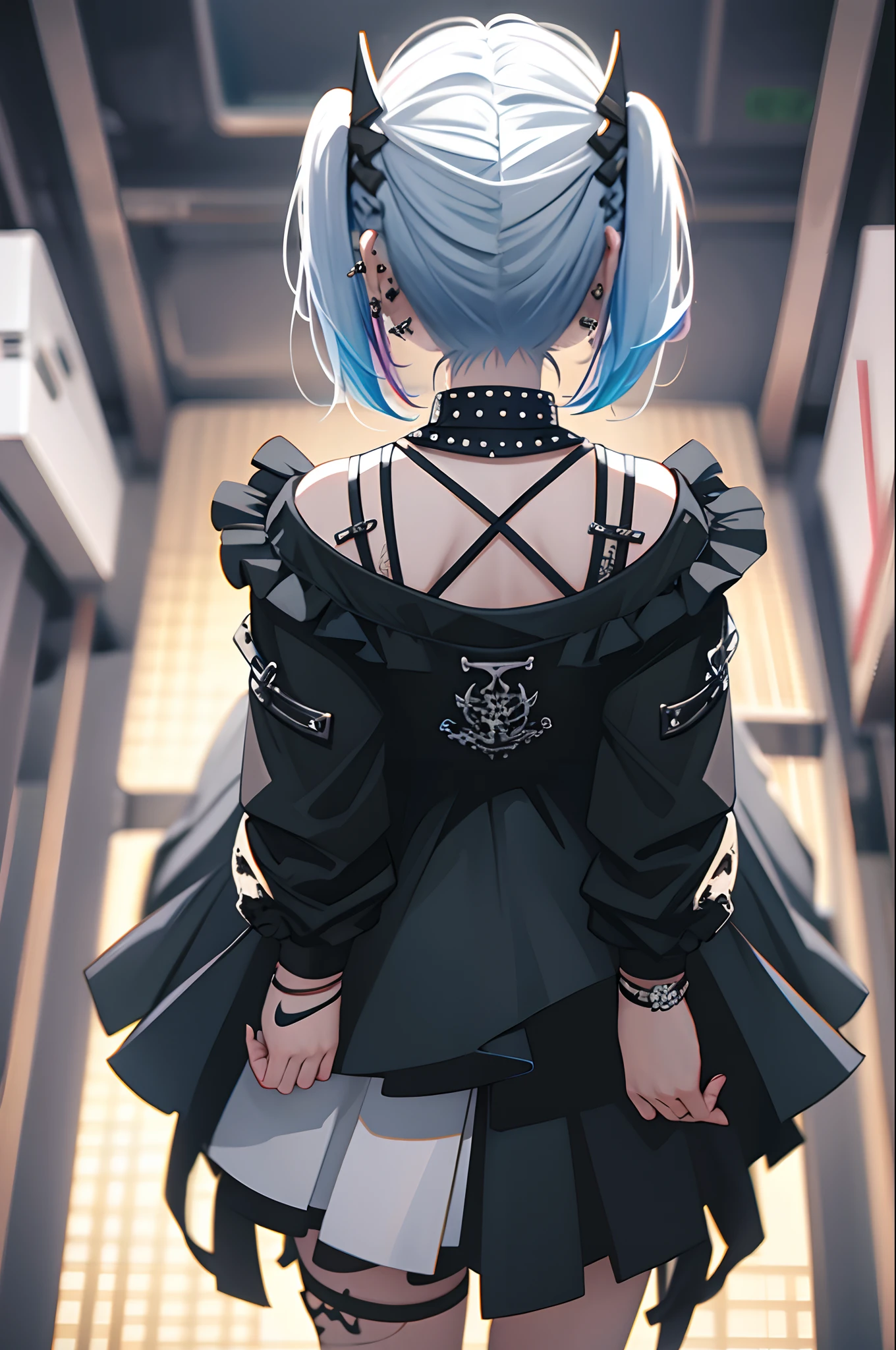 Background white、from behind、Back view、Turn around、From above、Nike、Piercing Woman、piercings、A smile、colourful hair,Black shorts、Blunt bangs、(a black skirt)、1girl in,Solo,Flashy hair、Photorealsitic, hight resolution, 1 rapariga, Golden and pink and light blue hair、Colorful Hair Color, Korea person, Cowboy Shot、Gothic