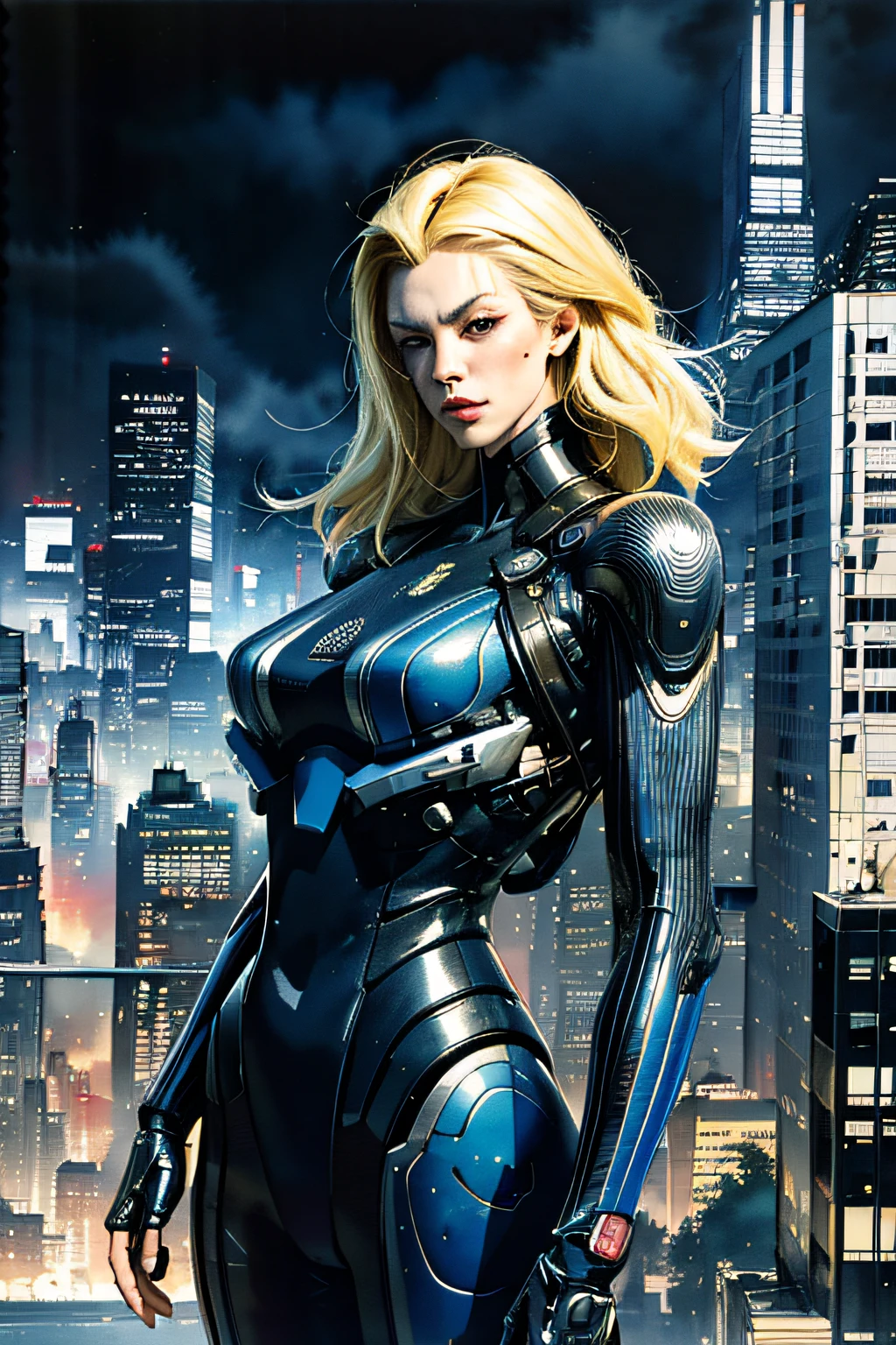 Best Quality, masutepiece, Comic style, 4K, cartoon, Highly detailed, Long blonde woman, cybersuit, Cyberpunk City, Solo, Future, Urban area, (( Watercolor painting )), SPEEDLINE, Concentration line, Science Fiction Manga