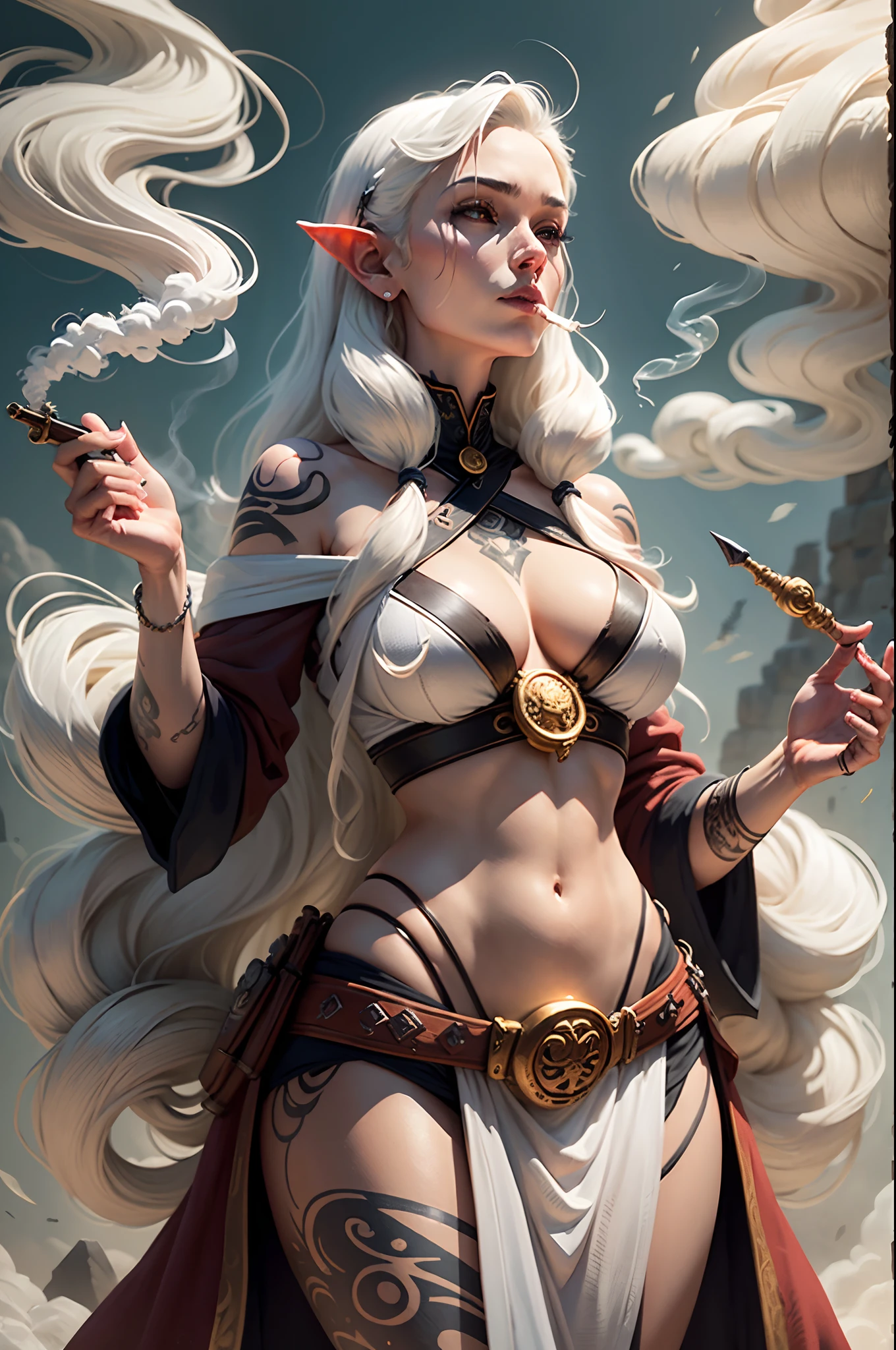 dnd character woman, a monk/druid with nature and tribal tattoos on body, long smoking pipe in hand, Average tall woman with long wavy hair, white hair, medium breasts, full body character design, anatomically correct, a wave of smoke in shape of smoke serpent coming out of smoking pipe --auto --s2