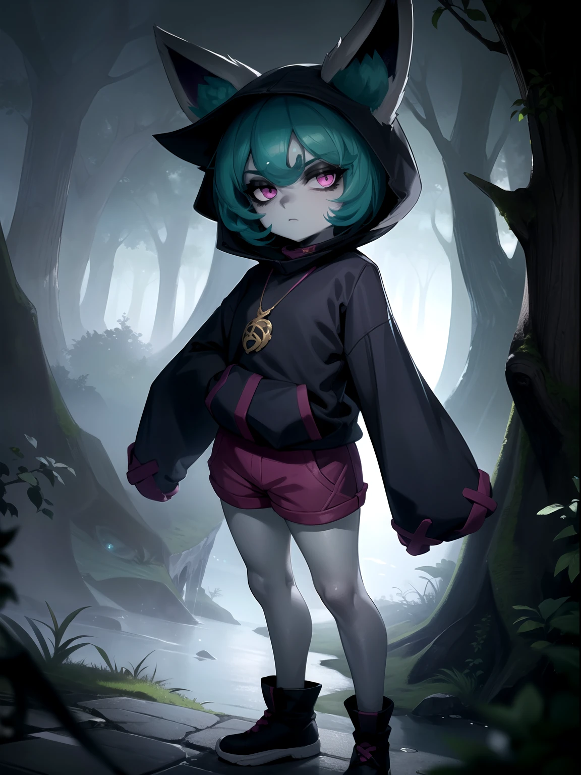 vex1, (grey skin:1.3), full body, standing, outdoors, sky,  closed mouth, glare, looking at viewer, pink shorts, shorts, jewelry, necklace,night.forest