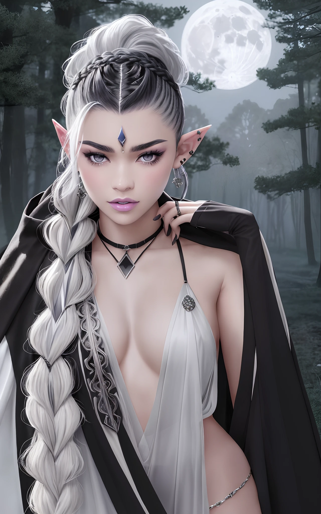 (Dark elf witch), the face of zendaya:Dua lipa, pointy ears, grey skin, white hair, (high top fade haircut), (one braid in one side of the head), masterpiece, dark forest in the background, fog, in the night, full moon ligth, 8k, detailed digital art, piercings.