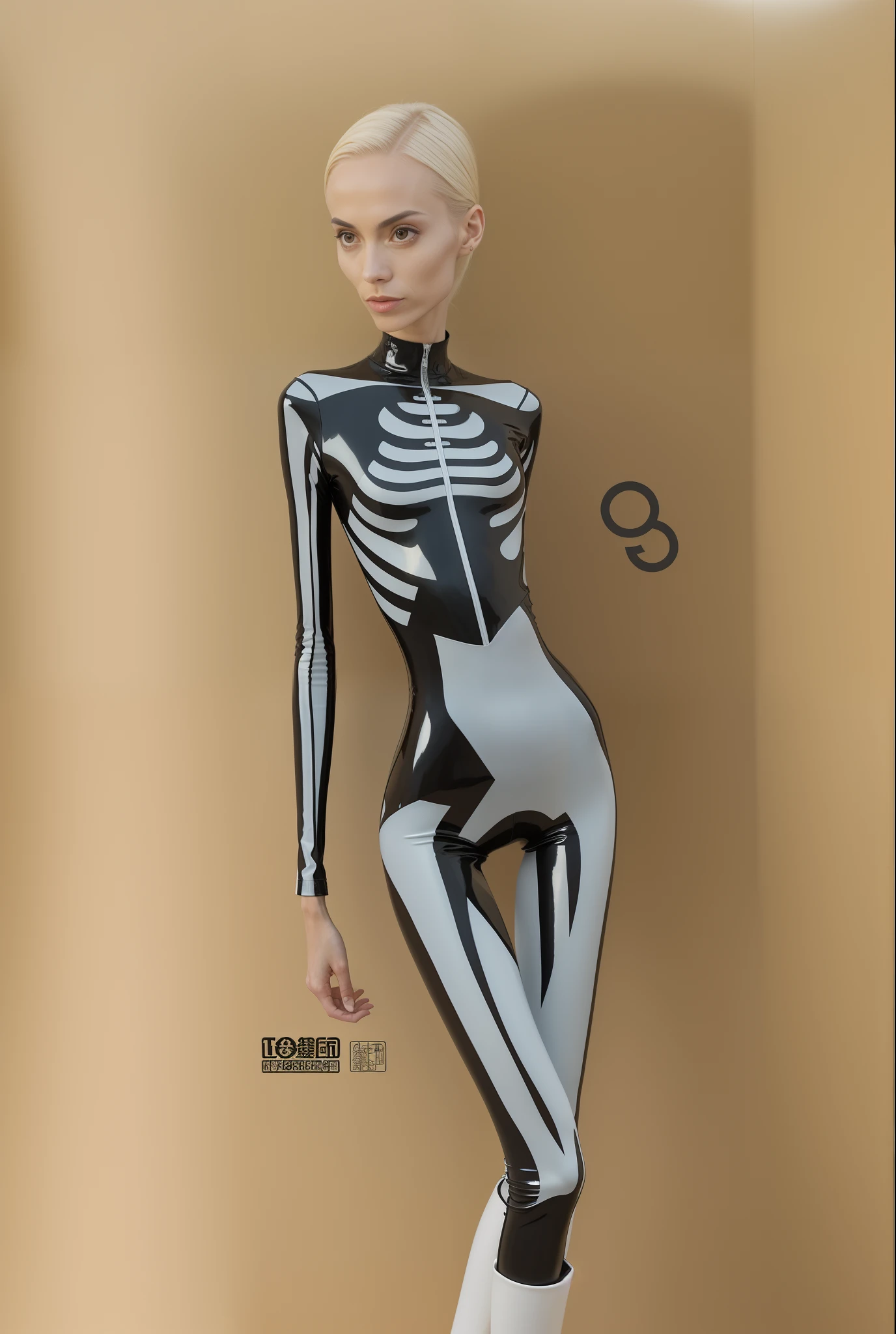 Emaciated body and hungry stomach,Very slim waist and legs,Thin figure,Sunken abdomen,Tight latex clothing