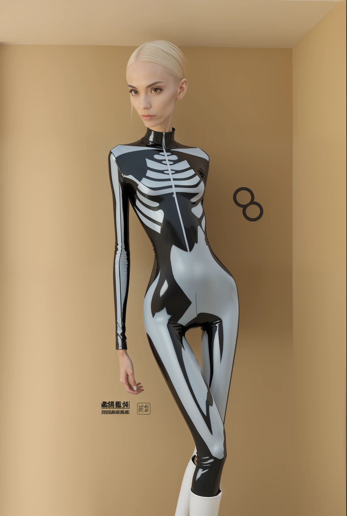 Emaciated body and hungry stomach，Very slim waist and legs，Thin figure，Sunken abdomen，Tight latex clothing