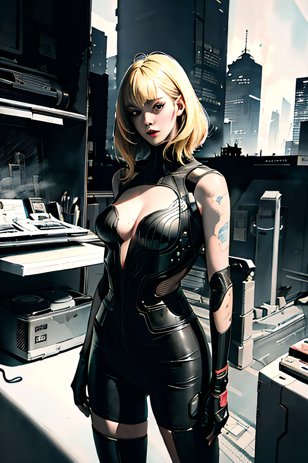 Best Quality, masutepiece, Comic style, 4K, cartoon, Highly detailed, Long blonde woman, cybersuit, Cyberpunk City, Solo, Future, Urban area, (( Watercolor painting )), SPEEDLINE, Concentration line, Science Fiction Manga