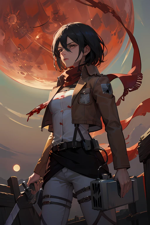 (((masterpiece))),best quality, hmmikasa, short hair, black eyes, scarf, emblem, belt, thigh strap, red scarf, white pants, brown jacket, long sleeves, blood, blood on face, holding sword,(under the moonlight, blood moon:1.3), extremely detailed, amazing, fine detail, absurdres, extremely detailed eyes and face, from below view, intimidating look, looking at viewers,